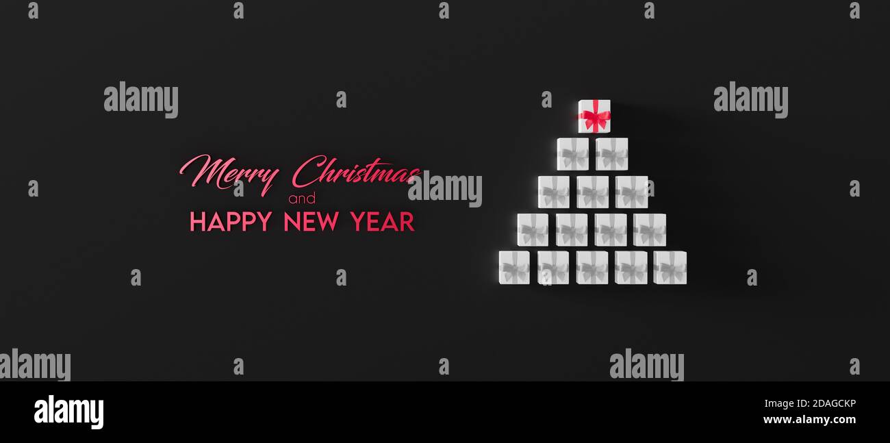 Weihnachtsbaum aus Geschenkschachteln. Grußkarte auf schwarzem Hintergrund 3d Rendering 3d Illustration Stockfoto