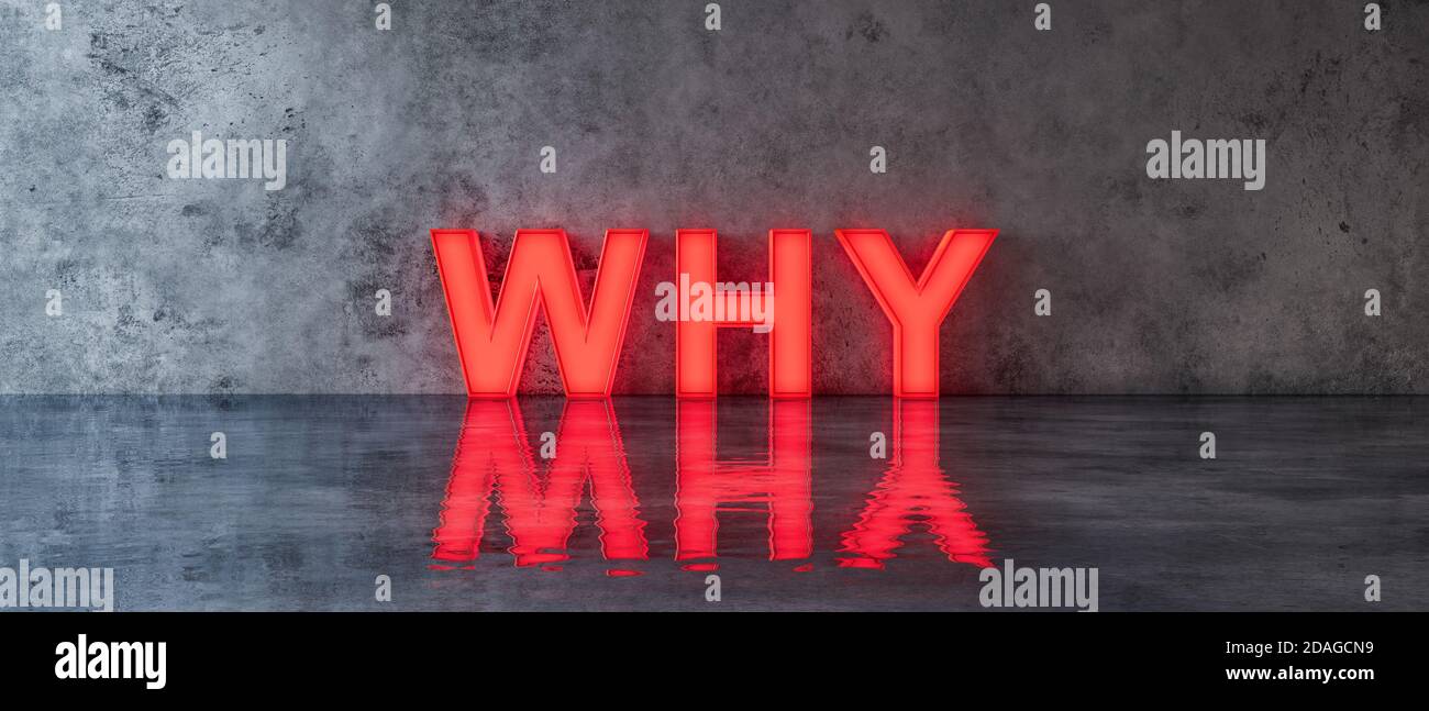 Warum Frage. Roter Text Zeichen auf Betonwand 3d Rendern 3d-Illustration Stockfoto