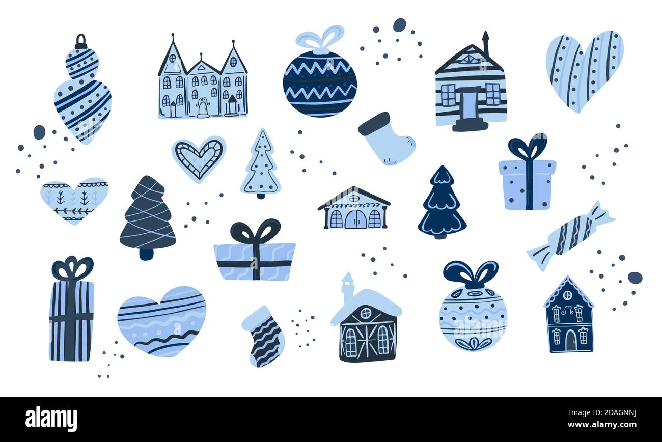 Weihnachten Urlaub großen Satz. Handgezeichnete kleine Stadt und Stadt Hintergrund. Neujahr Bälle, Kiefer Stock Vektor
