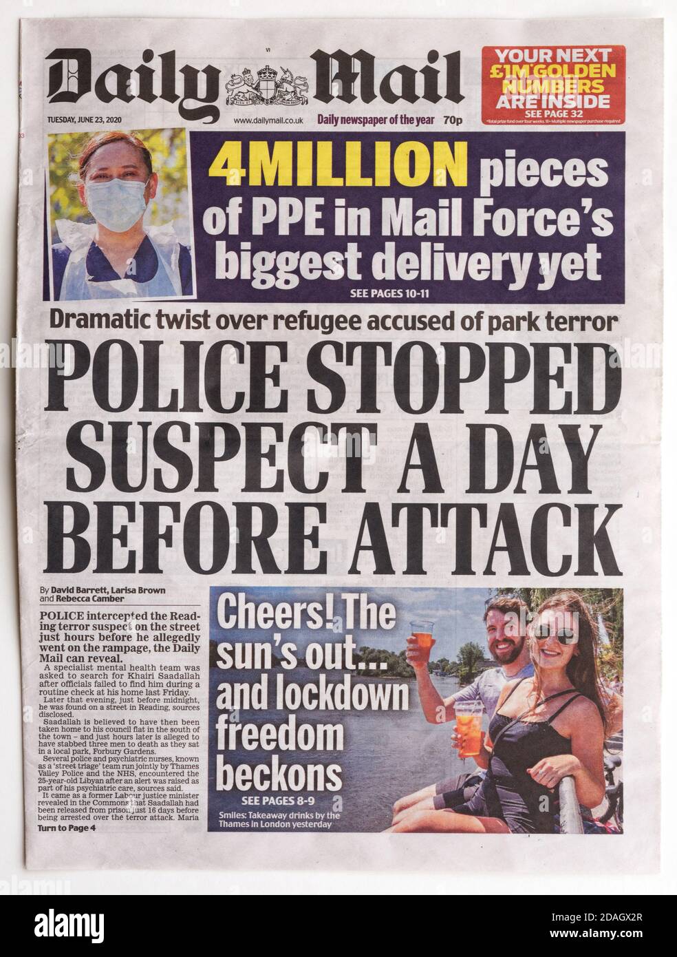 Die Titelseite der Daily Mail mit der Überschrift Dass Khairi Saadallah von der Polizei am Tag vor der gestoppt Angriff Stockfoto