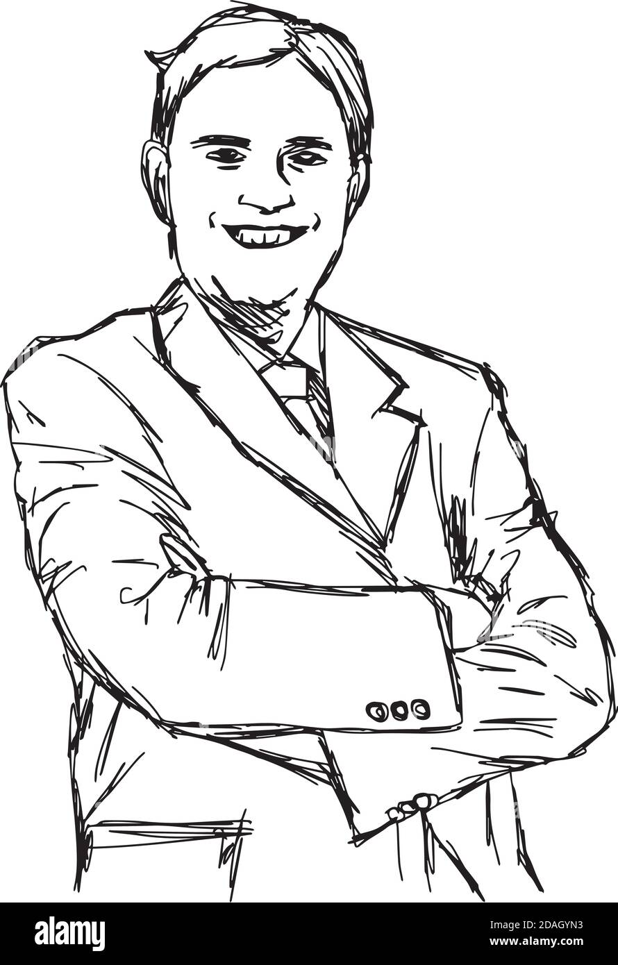 Illustration Vektor Doodle Hand gezeichnet von Skizze lächelnd fett Geschäftsmann mit gekreuzten Armen. Stock Vektor