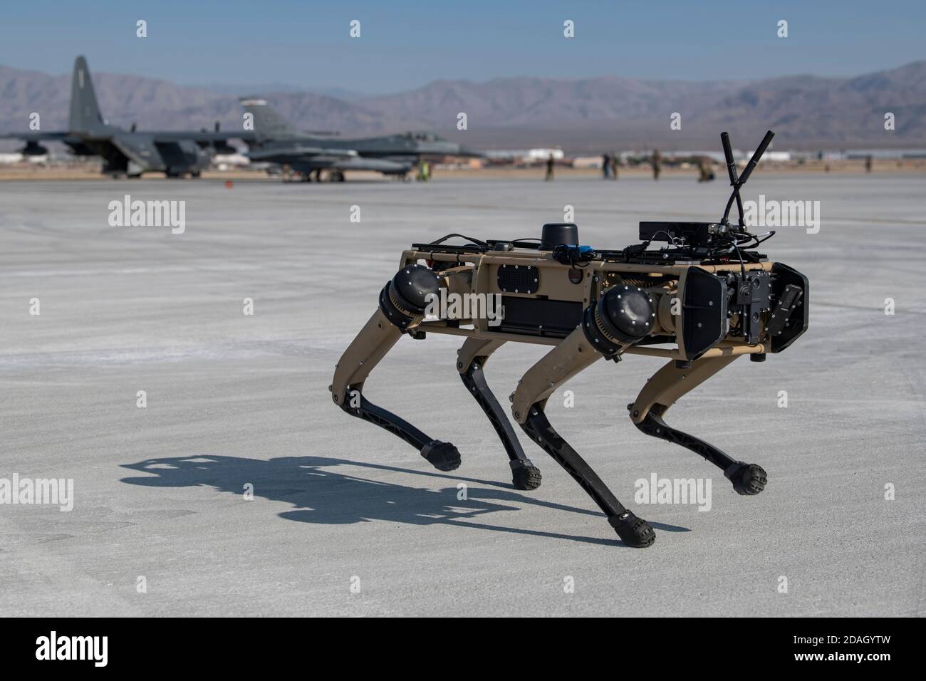 Ein unbemanntes Bodenfahrzeug der US Air Force Ghost Q-UGV, bekannt als Roboterhund, wird während der Übung des Advanced Battle Management Systems auf der Nellis Air Force Base am 1. September 2020 in Las Vegas, Nevada, getestet. Stockfoto