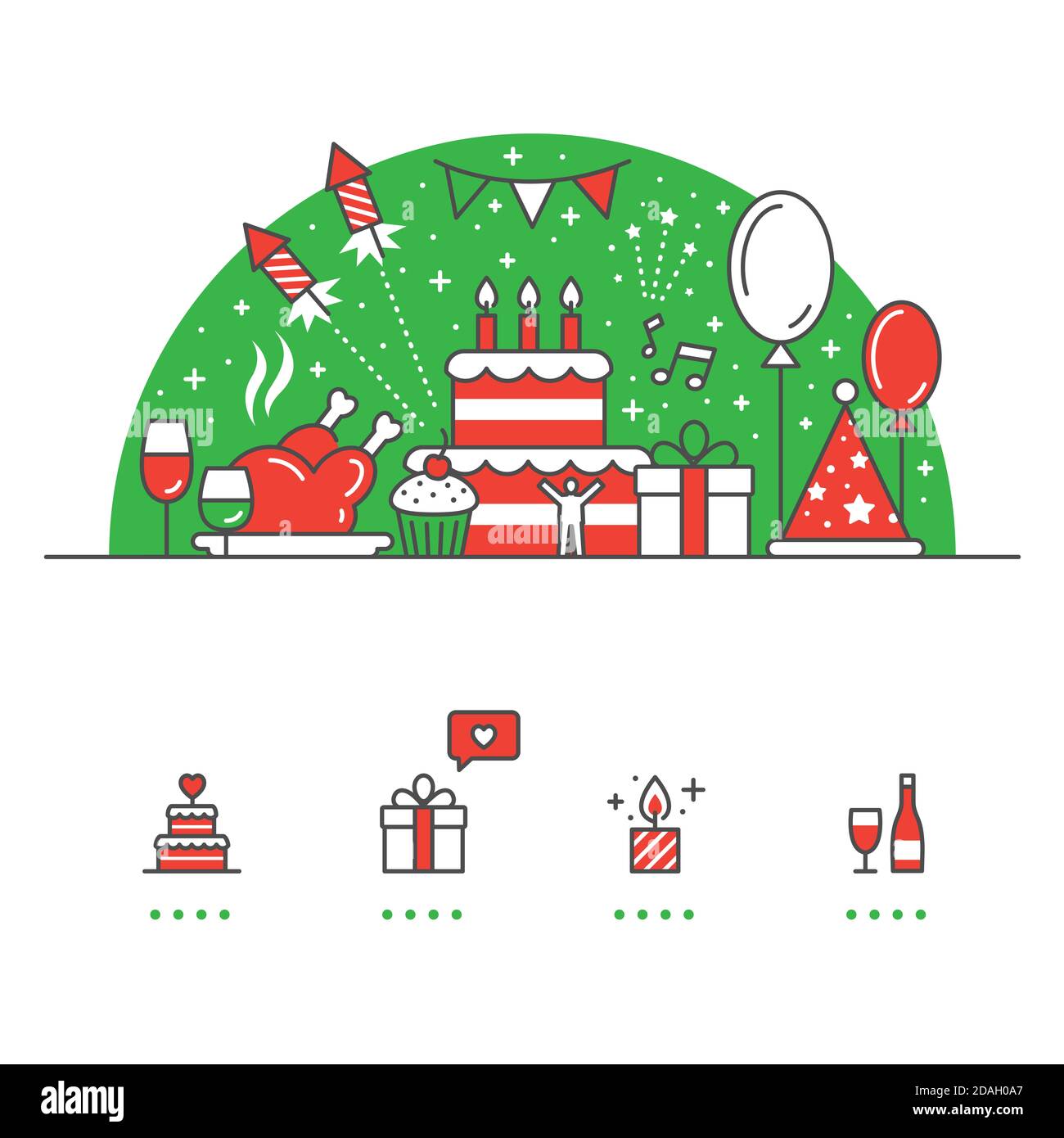 Feier, Party Banner und Symbole mit weißem Hintergrund Stockfoto