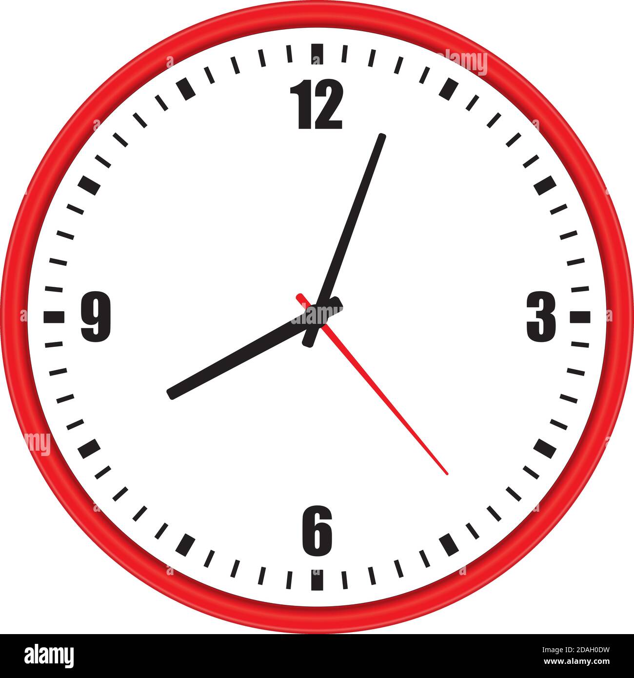 Vector Illustration eines modernen roten Wanduhr mit arabischen Ziffern auf weißem Hintergrund, Low Angle Vorderansicht Stock Vektor