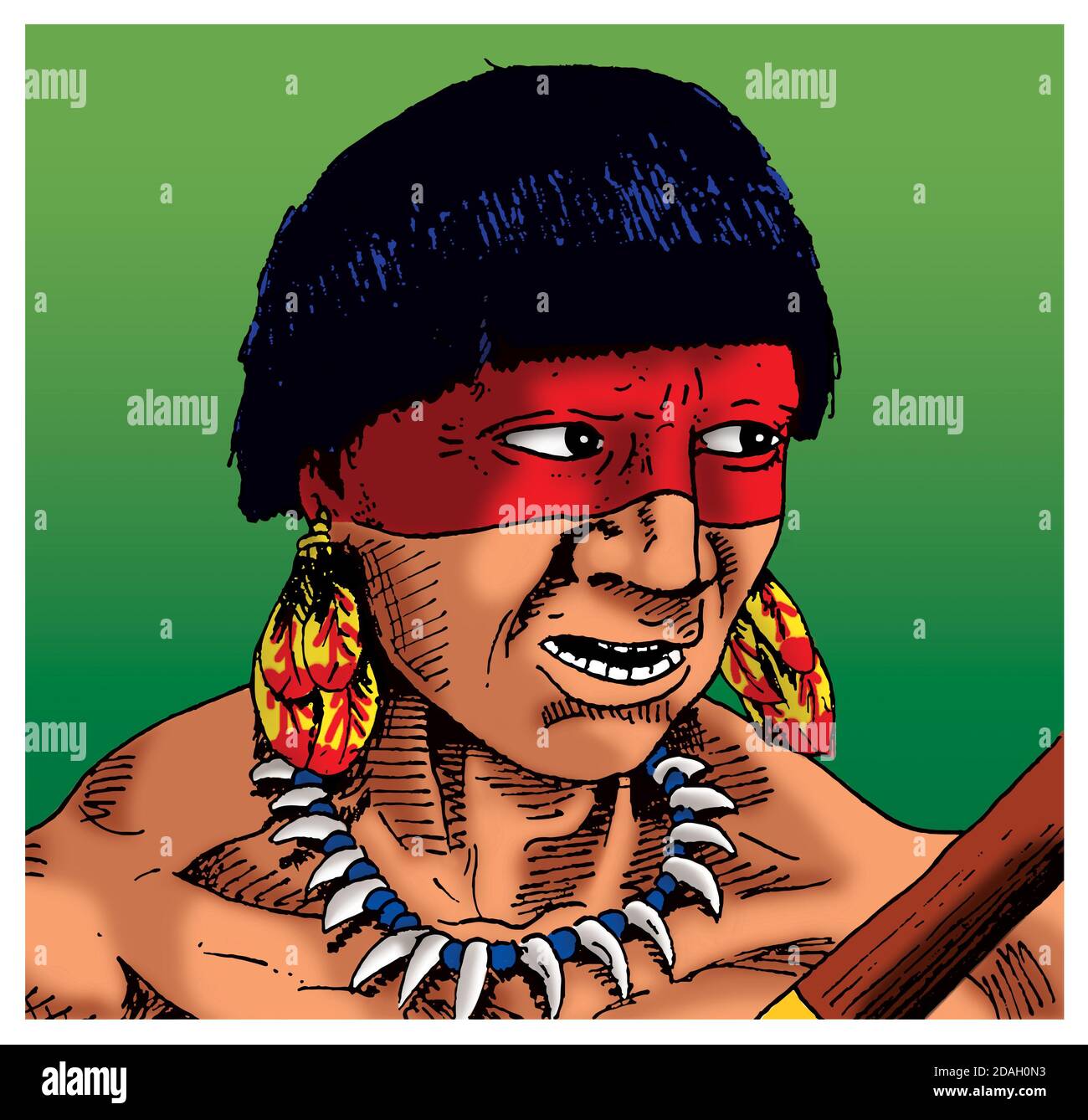 Brasilianischer indigener Mann schaut zur Seite mit Gesichtzeiten und Accessoires, im Comic-Stil. Von Hand gezeichnete und digitale Farbgebung. Stockfoto