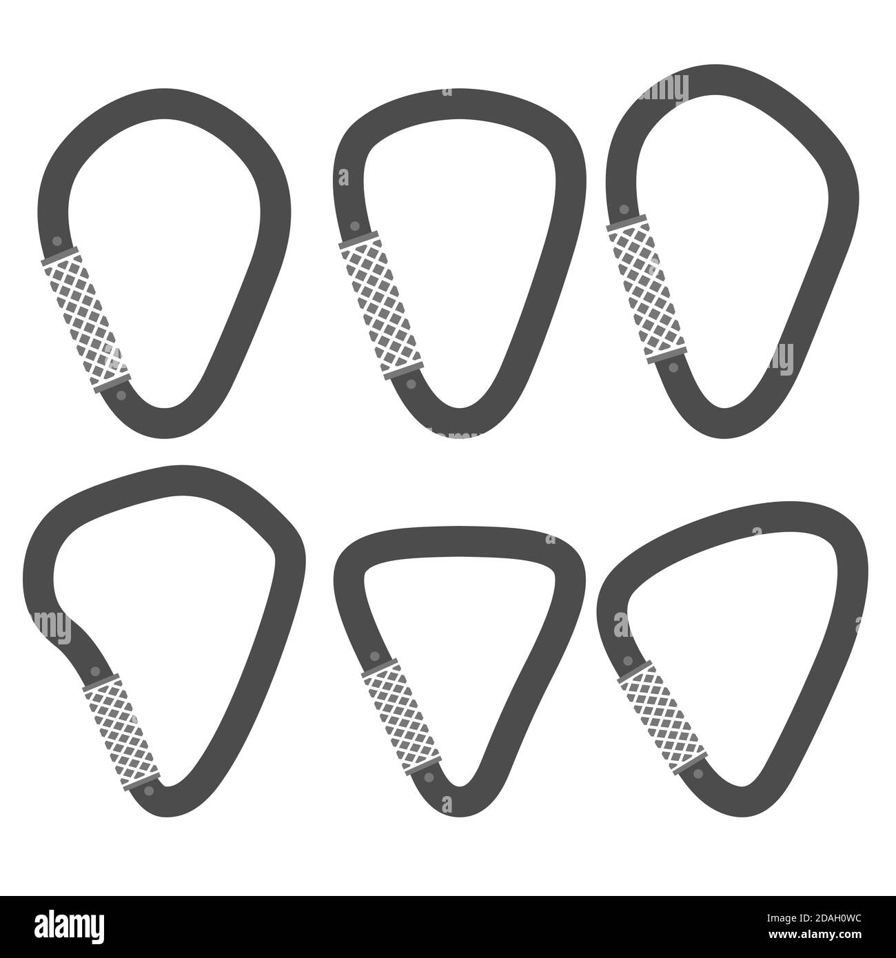 Metall Karabiner Set isoliert auf weißem Hintergrund. Sicherheitshaken Stock Vektor