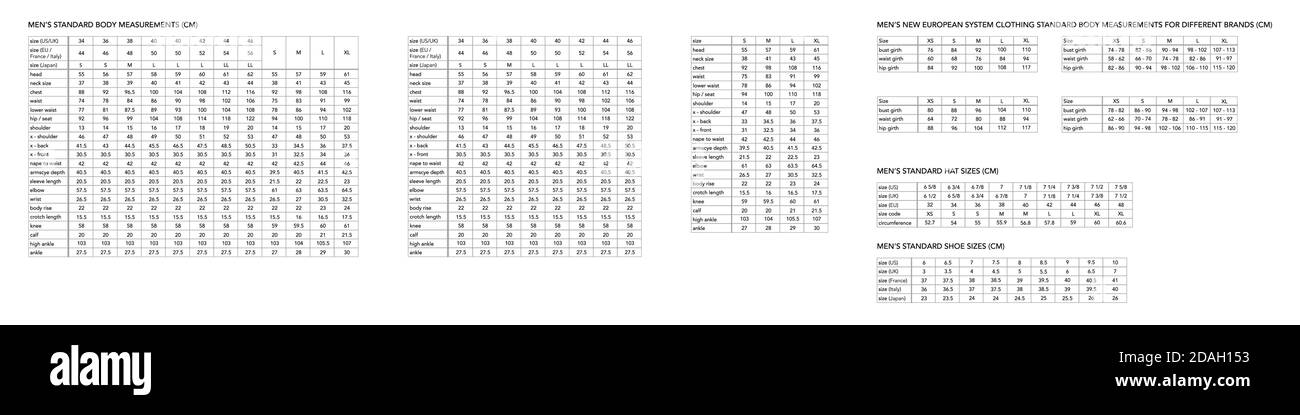 Set von Männern Standard Körpermaße für verschiedene Land, Stil Mode männlich Größentabelle für Website, Produktion und Online-Bekleidungsgeschäft. S, M, L, XL, US, UK, EU, Frankreich, Italien, Japan, Brust, Taille Stock Vektor