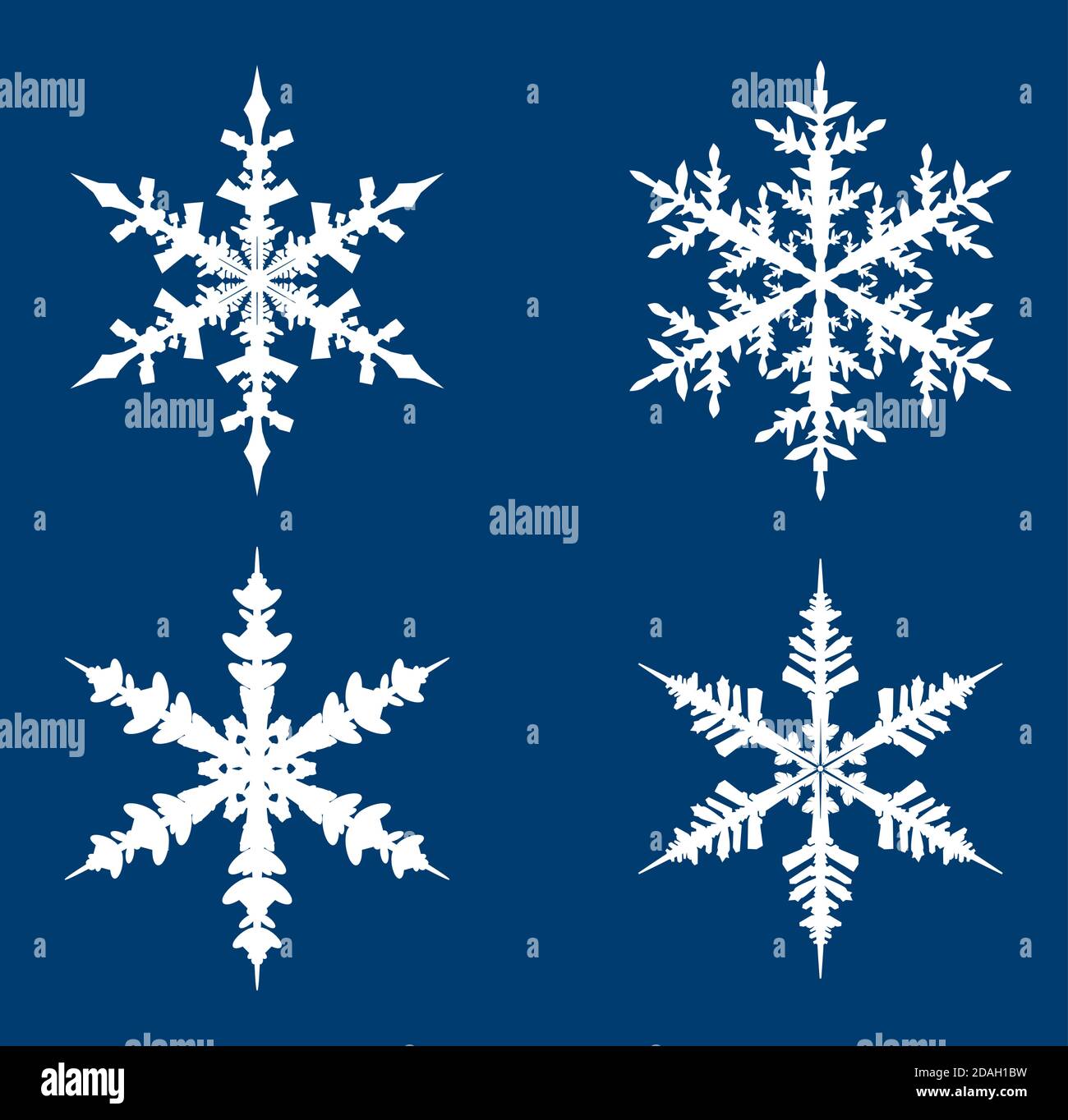 Sammlung von weißen Schneeflocken auf blauem Hintergrund. Vektorgrafik Stock Vektor