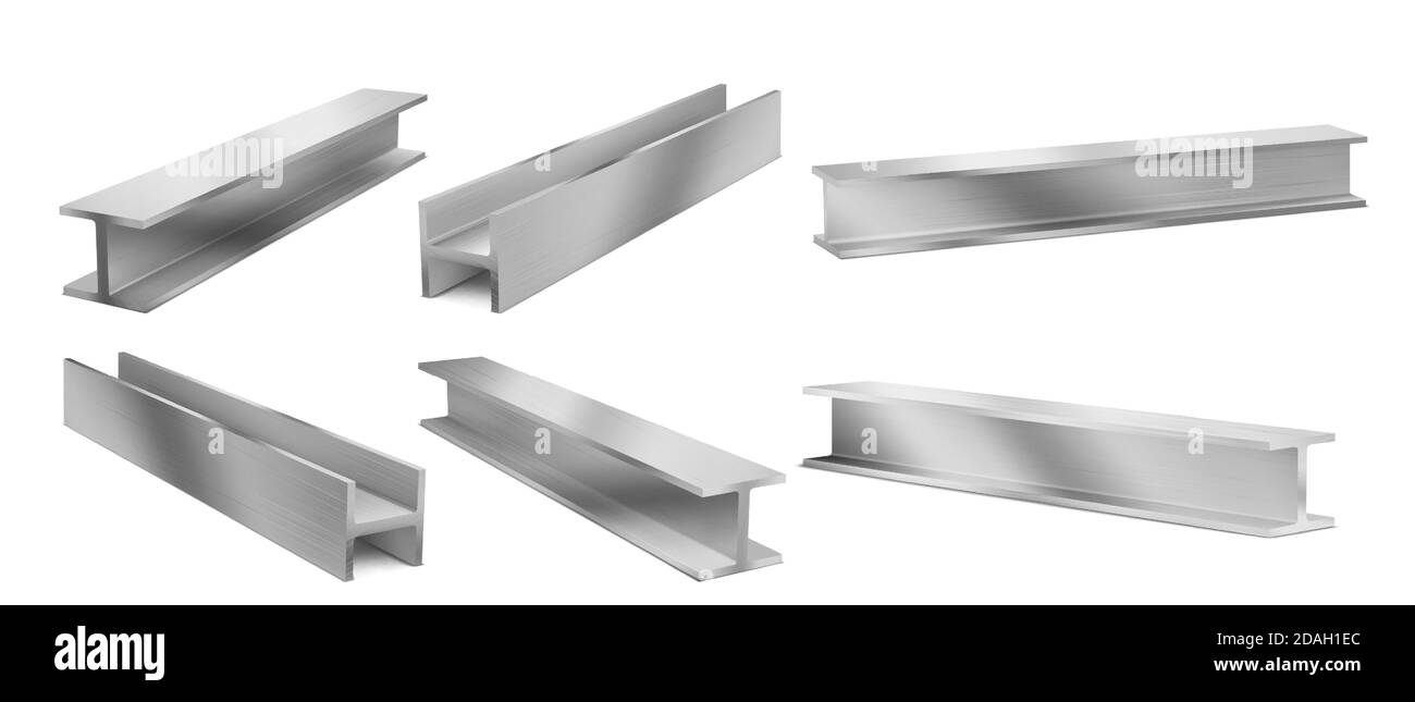 Metall-Bauträger, Stahlkonstruktion Träger. Vektor realistische Satz von rostfreien Balken für den Bau, Eisen Strukturprofil isoliert auf weißem Hintergrund. 3d-Darstellung starker i-Strahlen Stock Vektor