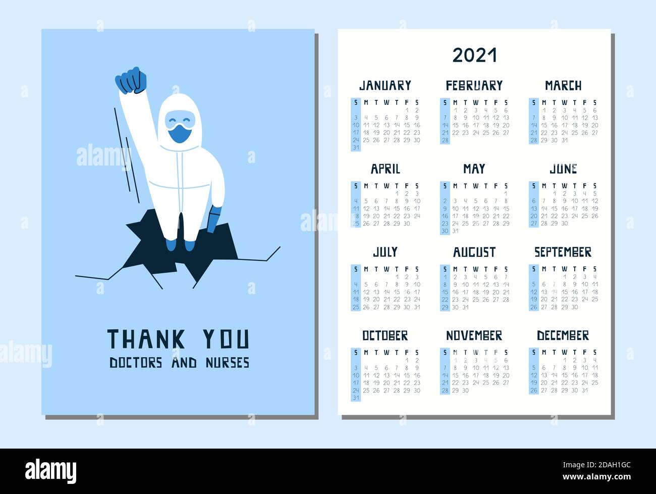 Frohes neues Jahr 2021. Kalender im A4-Format. Vektor-Illustration eines Arztes in weißem Hazmat Anzug und Maske. Vielen Dank an Ärzte und Krankenschwestern. Coronavirus Stock Vektor