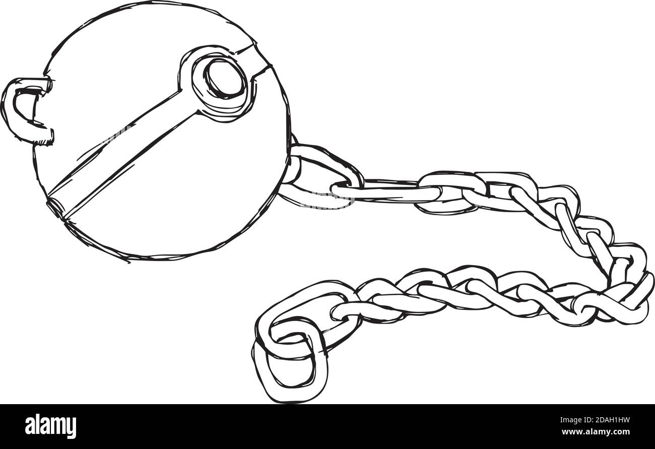 Illustration Vektor Doodle handgezeichnete Skizze von Eisenkettenkugel mit Schäkel isoliert auf weißem Hintergrund. Stock Vektor