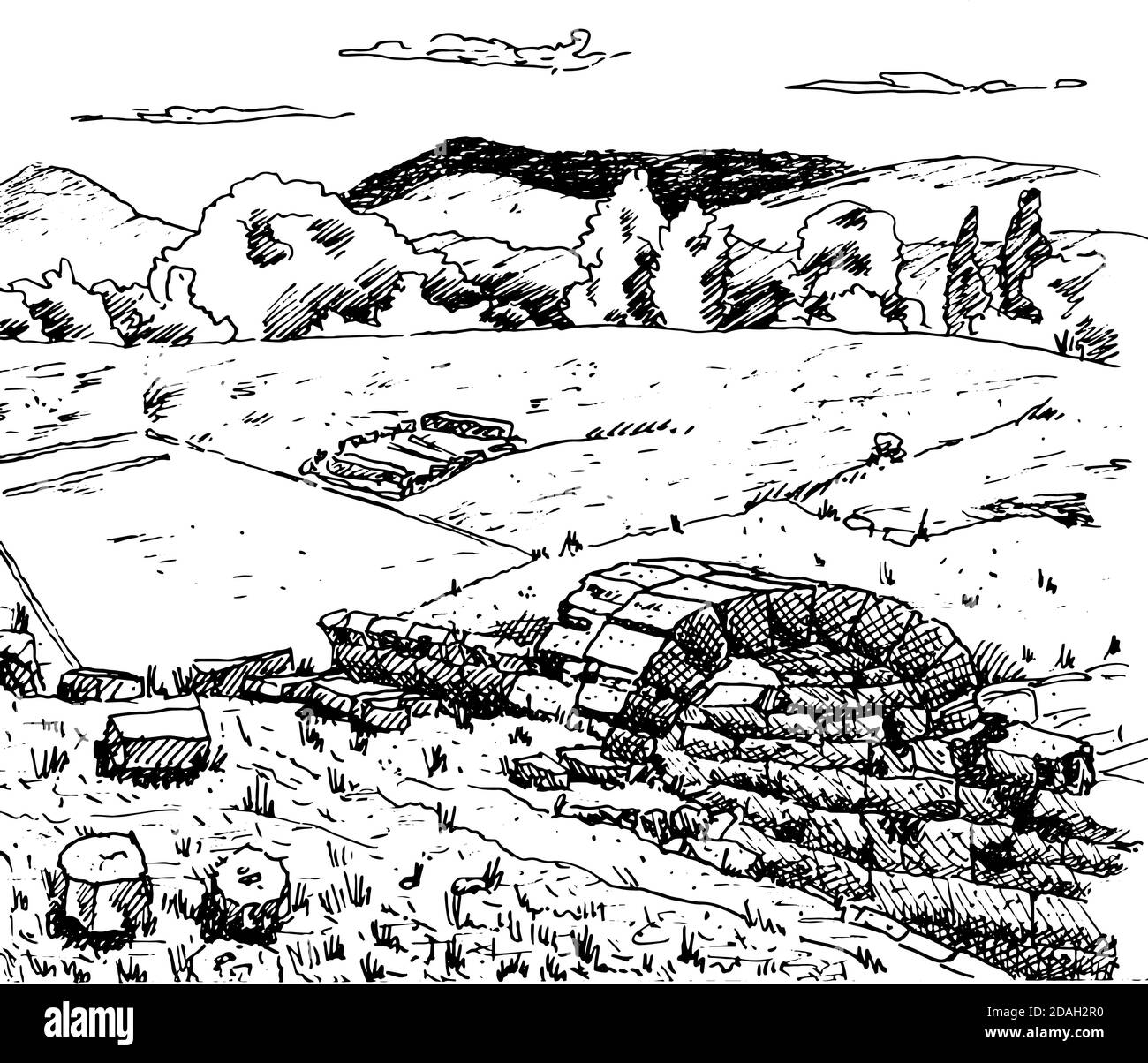 Steinruinen an der archäologischen Stätte von Olympia, wo die antiken Olympischen Spiele stattfanden, auf der griechischen Halbinsel Peloponnes. Tintenzeichnung. Stockfoto