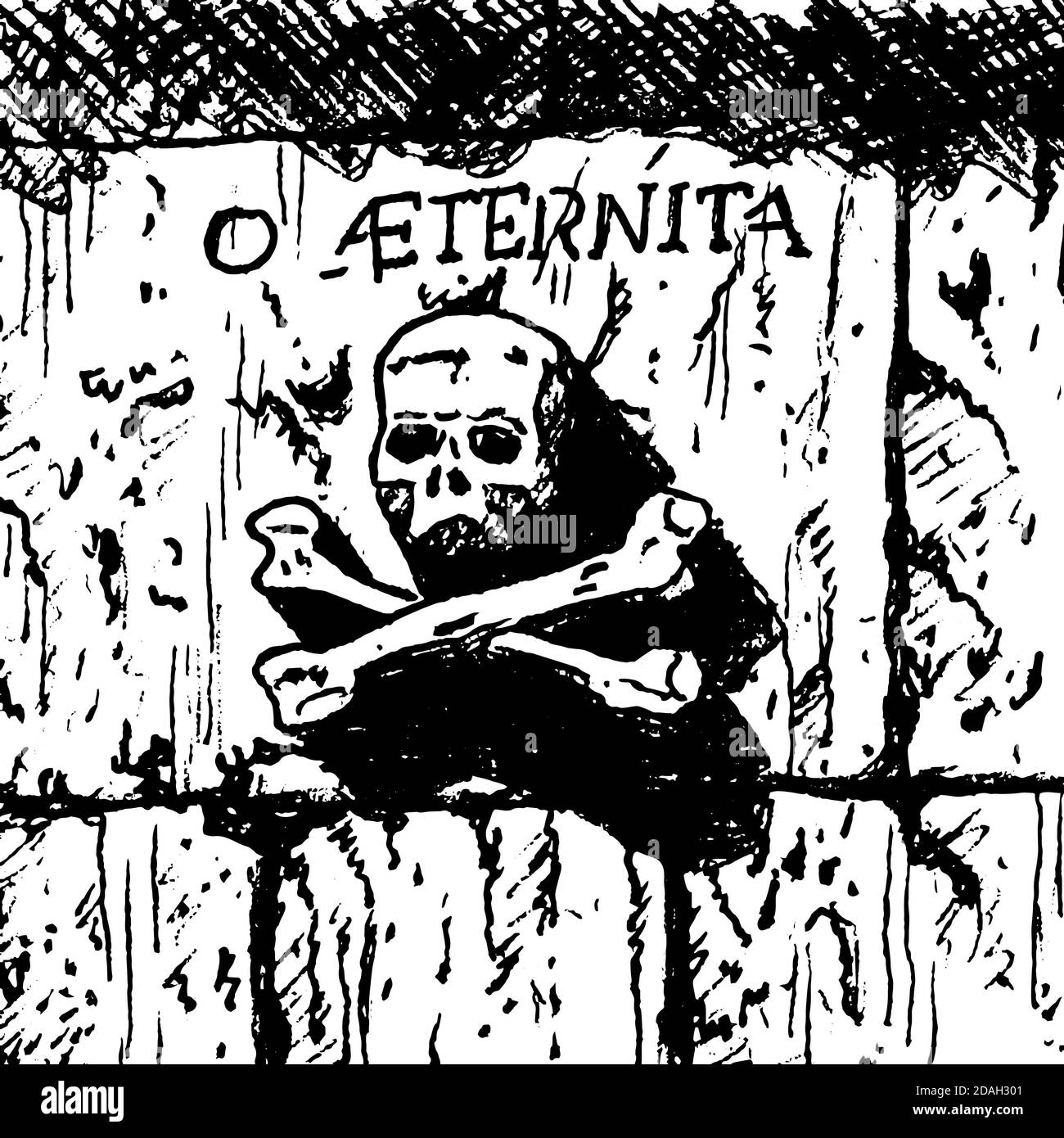Düsterer Totenkopf mit in eine Steinmauer gehauenen Kreuzknochen auf dem Jakobsweg. Ein Pilgerweg nach Santiago de Compostela in Spanien. Tintenzeichnung. Stockfoto