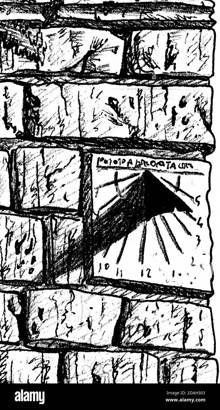 Eiserne Sonnenuhr auf Steinmauer am Jakobsweg. Ein Pilgerweg nach Santiago de Compostela in Spanien. Tintenzeichnung. Stockfoto