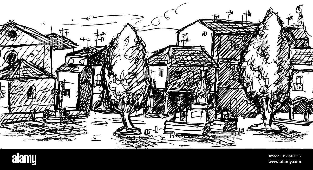 Platz mit alten Häusern und einigen Bäumen in einem Dorf am Jakobsweg. Ein Pilgerweg nach Santiago de Compostela in Spanien. Tintenzeichnung Stockfoto