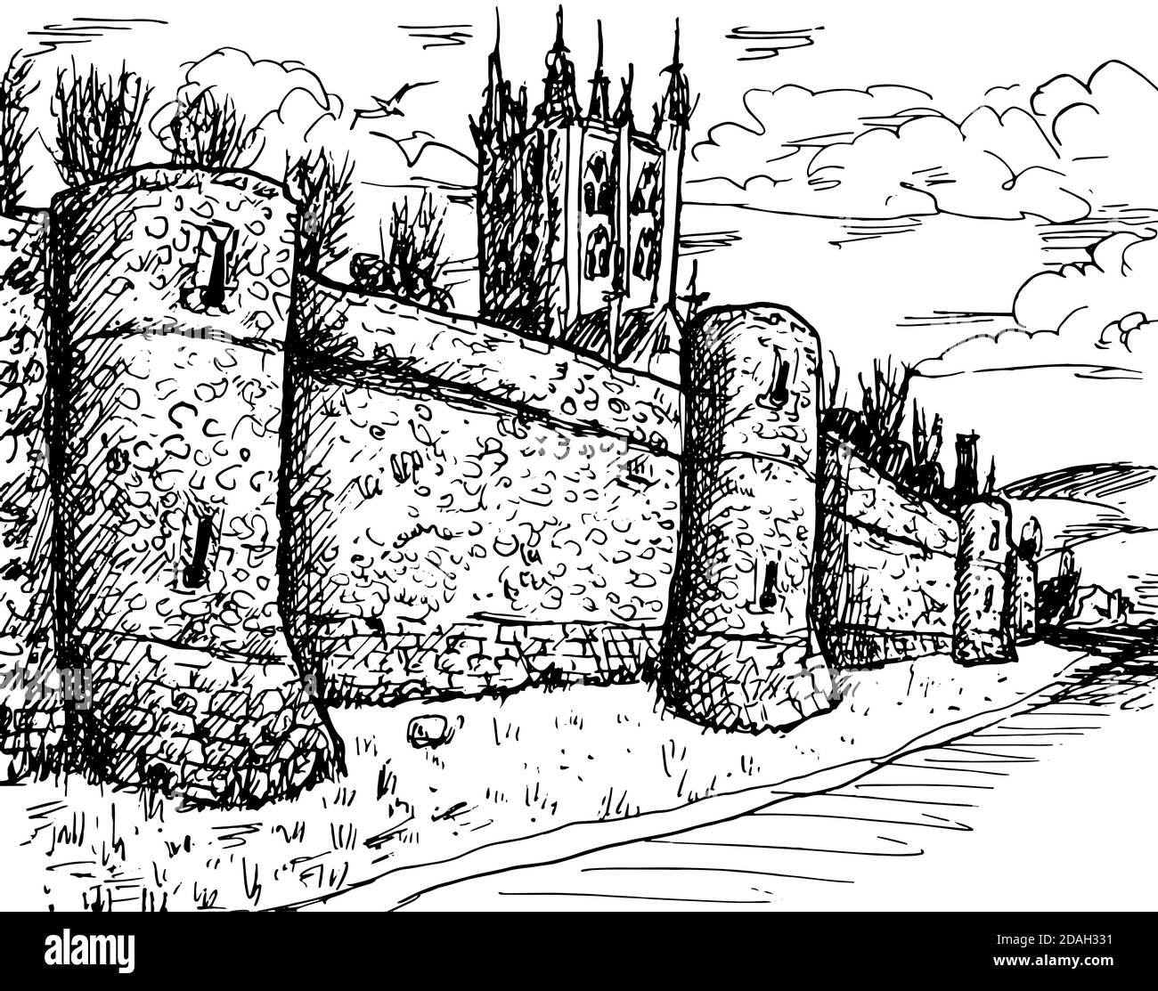 Steintürme an der großen Stadtmauer im romanischen Stil und Glockenturm in Canterbury. Eine alte Stadt mit mittelalterlichem Erbe in Südengland. Tintenzeichnung. Stockfoto