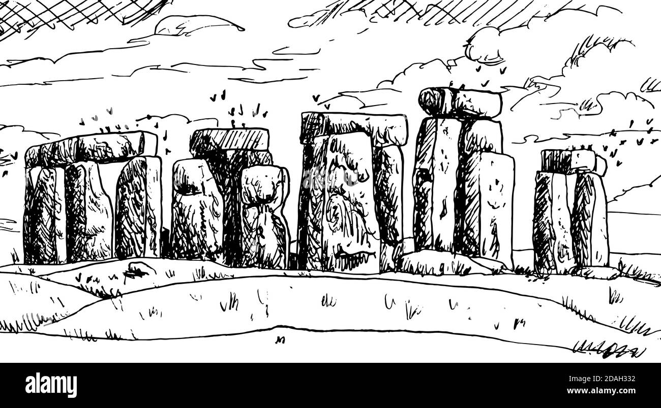 Monolithische Steine in Kreisform bilden das Stonehenge-Denkmal, ein von Menschen geschaffter Komplex aus der Jungsteinzeit, England. Tintenzeichnung. Stockfoto
