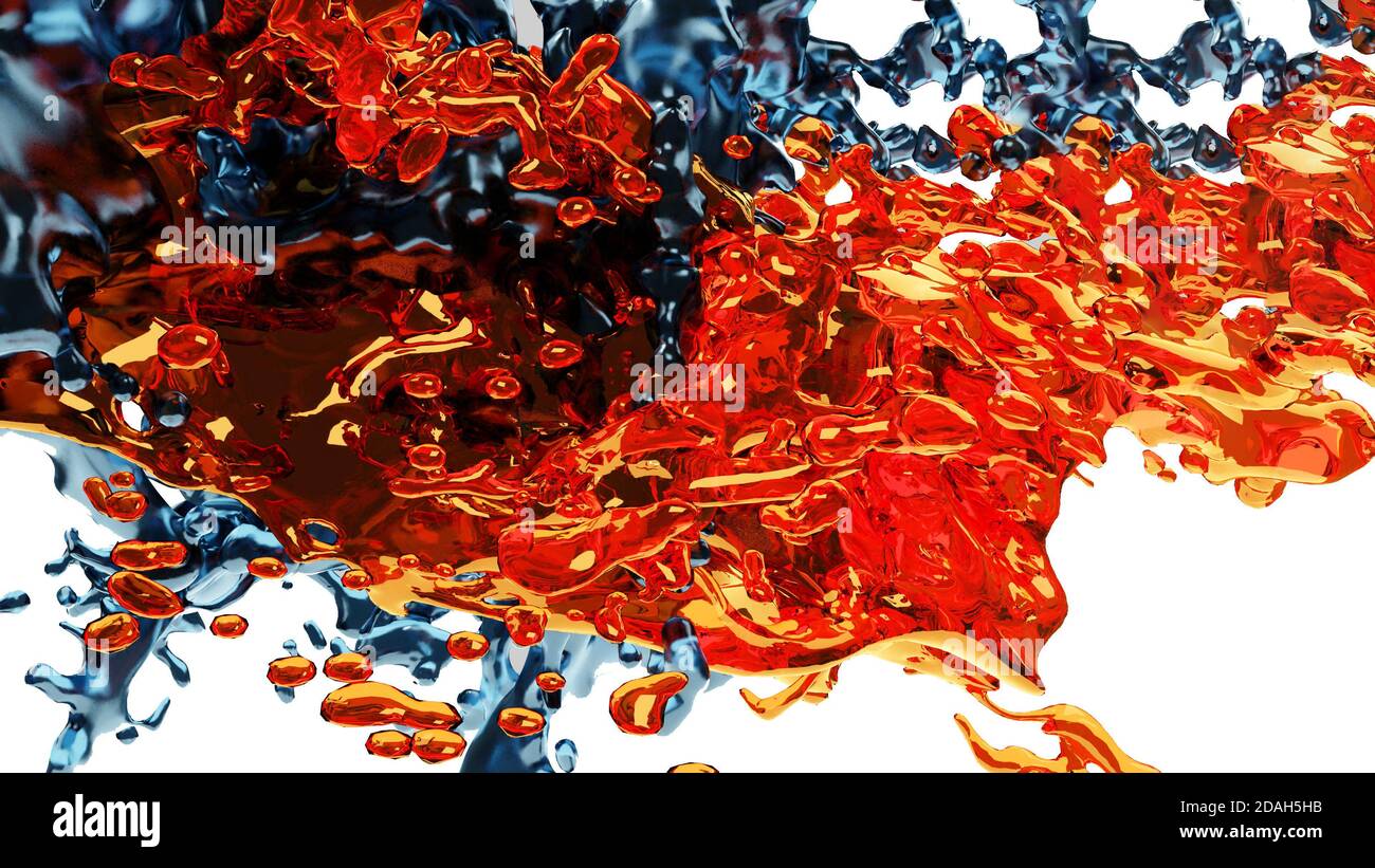 3D Render, Glossy Shiny Liquids Splash, Abstract Fluid Hintergrund Stockfoto