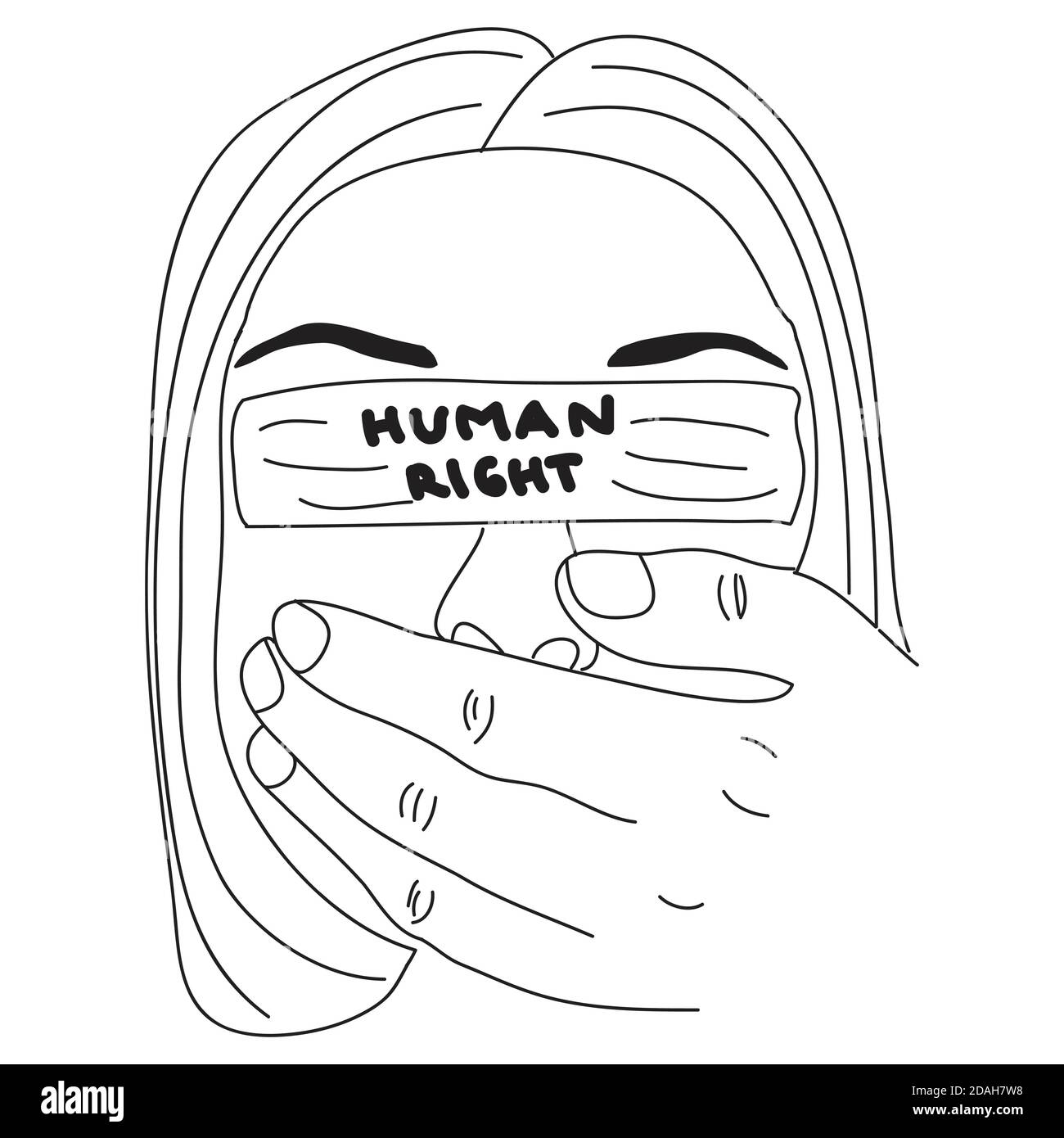 Hand gezogen von Person mit verbundenen Augen mit einem Tuch und schloss seinen Mund. Menschenrechtes Konzept Stock Vektor