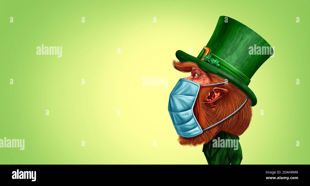 Gesunde St. Patricks Tag als Kobold trägt eine Gesichtsmaske oder St. Patricks Frühlingsfest als saisonale irische Thema Banner. Stockfoto