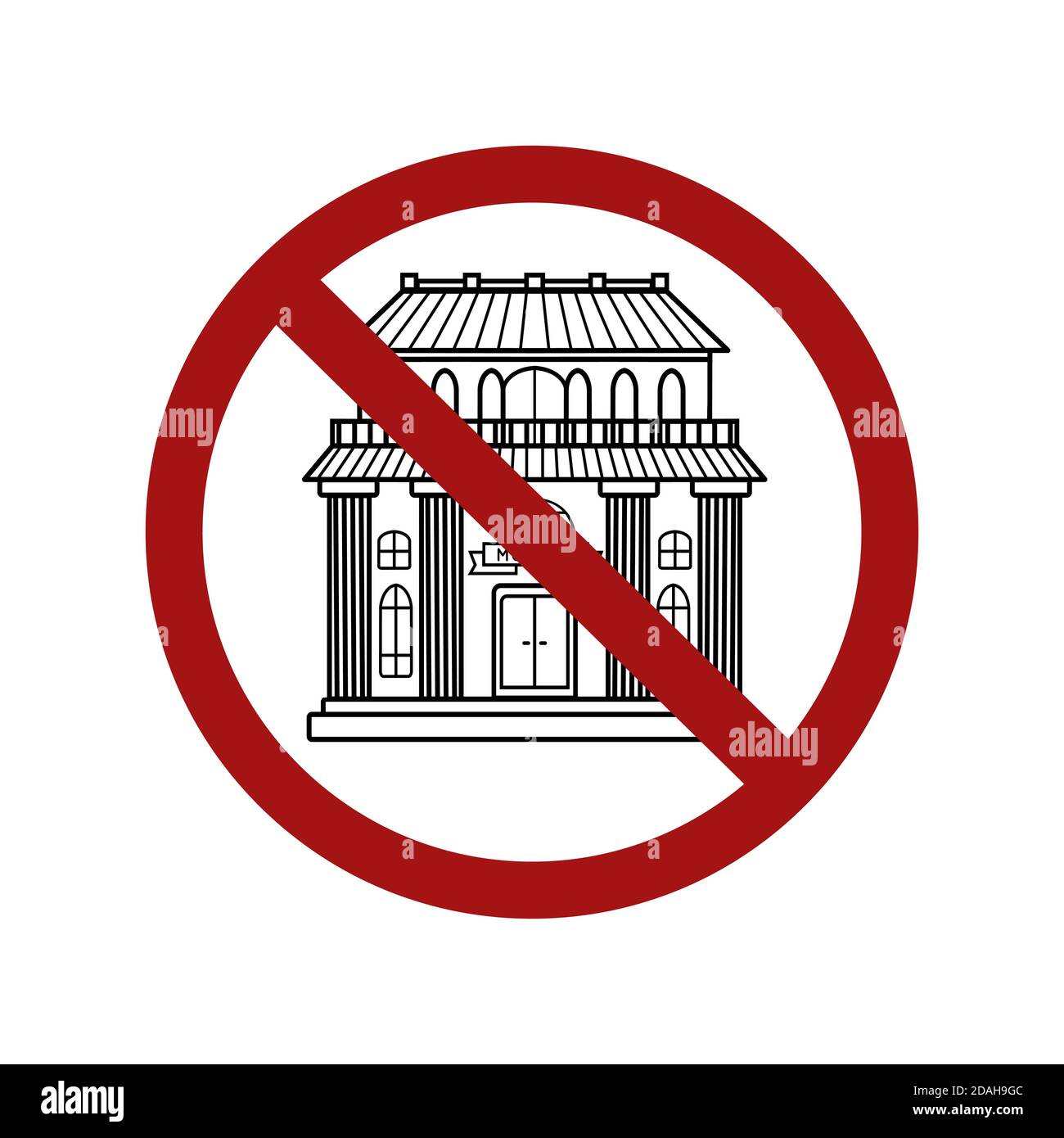 Der Zugang zu öffentlichen Plätzen ist verboten. Konturbau im Zeichen des Verbots. Das Verbot von Museen und Banken. Vektorobjekt für Symbole, Abzeichen, Logotie Stock Vektor