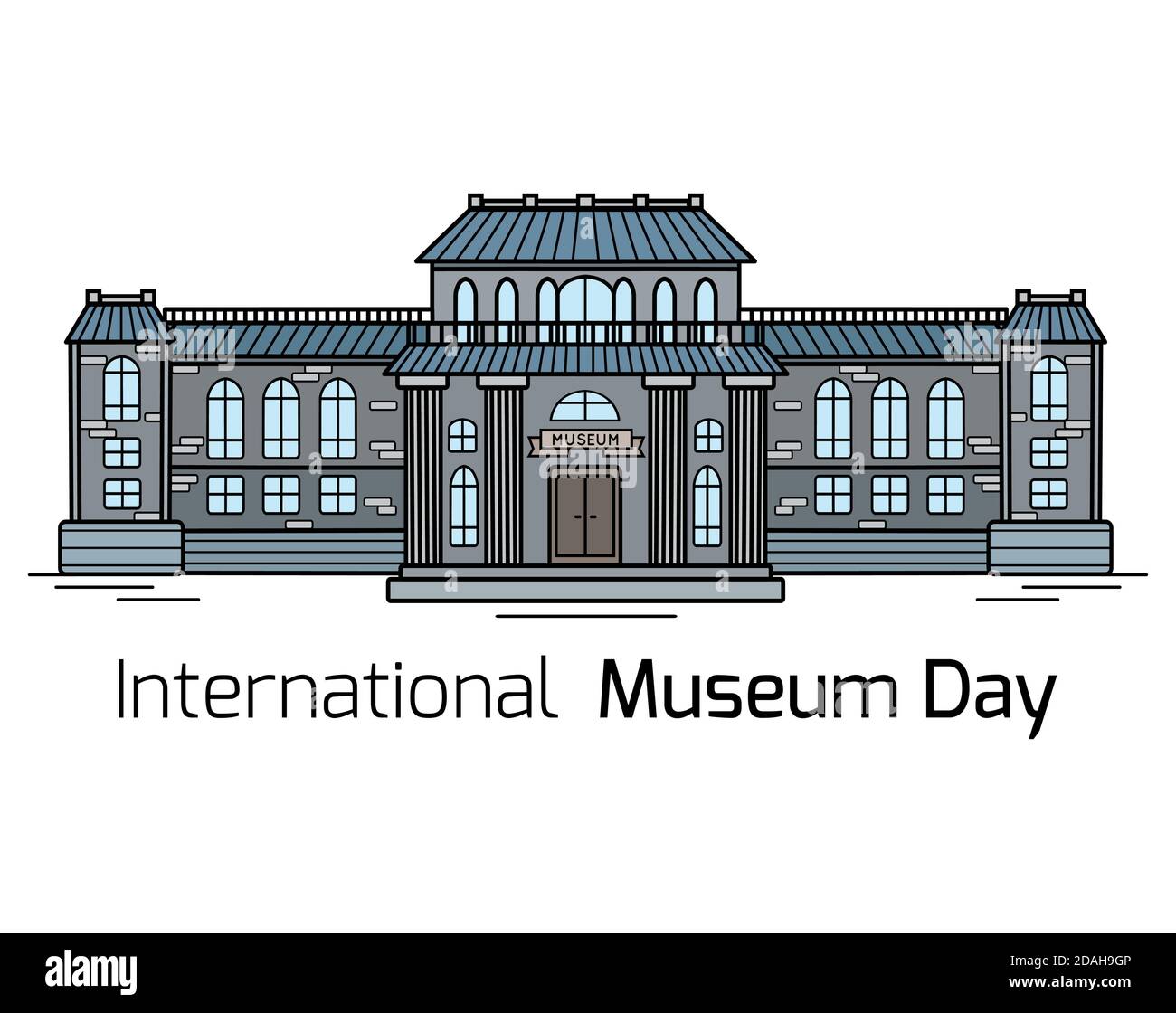 Internationaler Museumstag. Kontur Bunte Zeichnung der Fassade des Museumsgebäudes mit Schriftzug auf weißem Hintergrund. Vektor horizontale Karte f Stock Vektor
