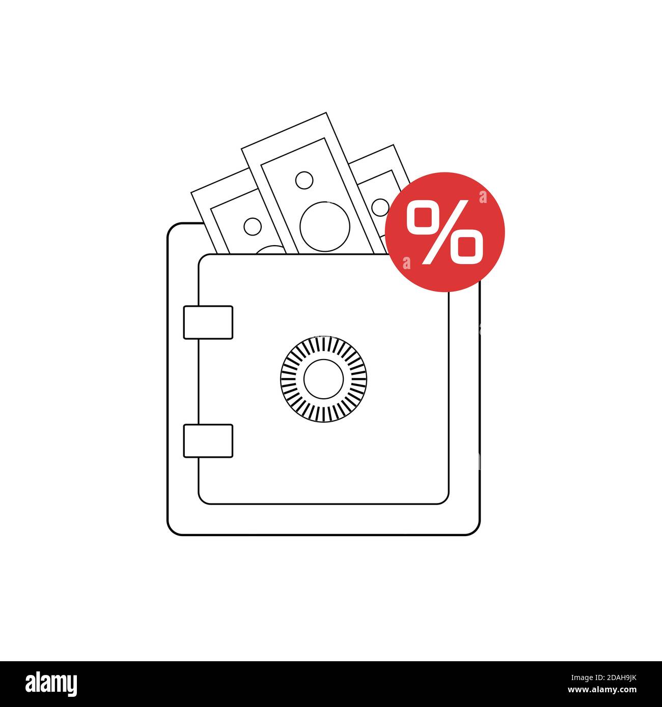 Halten Sie Geld in Einlagen mit Zinsen. Safe im Bankraum. Skizzieren Sie einen Safe mit Geld und einem Prozentzeichen. Vektorkonturobjekt für Symbole, Stock Vektor