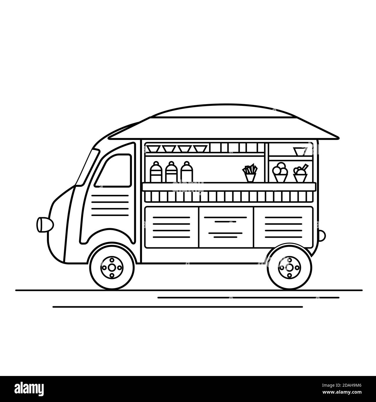 Skizzieren Karikatur eines Eis Lebensmittel LKW. Oldtimer im Retro-Stil. Beweglicher Cateringpunkt. Kontur schwarz-weiß Vektor-Illustration für Karten, Banner Stock Vektor