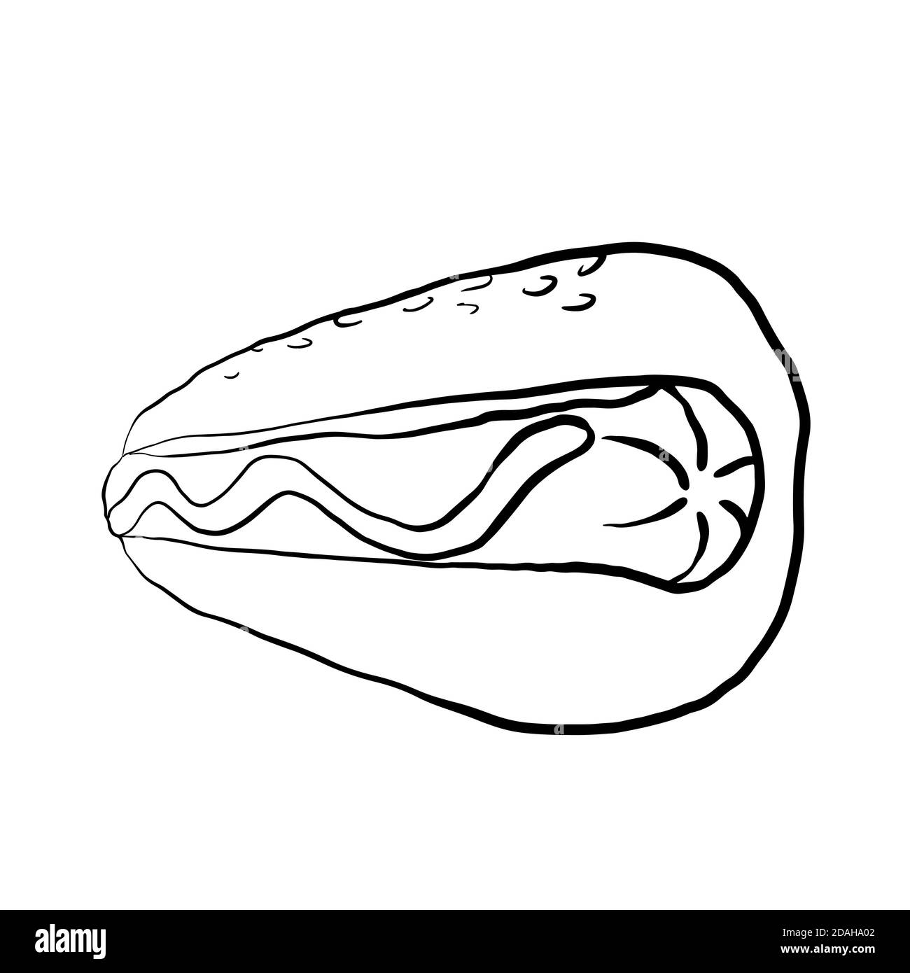 Retro-Konturdarstellung eines Hot Dogs mit Senf auf weißem Hintergrund. Schnelles Holz. Junk Food. Vektorkontur Isometrie Illustration für Menüs, Logo Stock Vektor