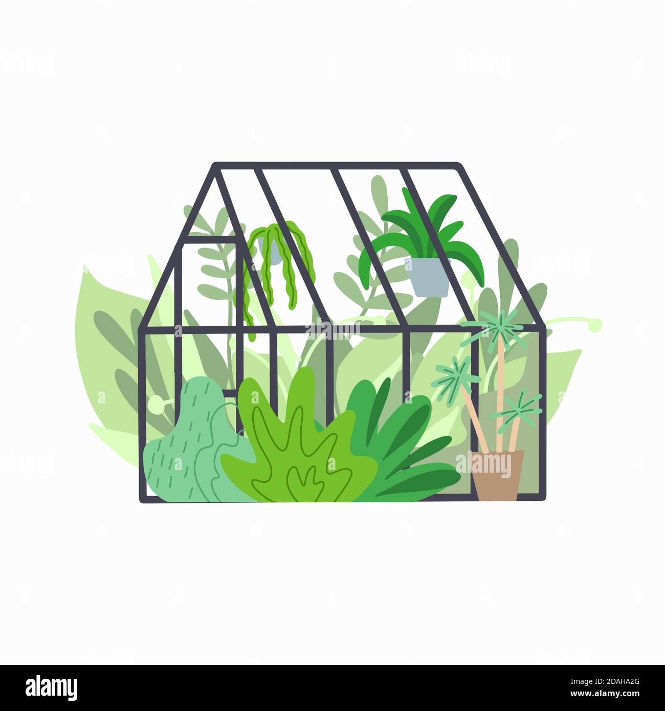 Home Gewächshaus mit verschiedenen Pflanzen. Glasorangerie mit Blumen und Gras. Hobbys und Naturinteresse. Vektor flache Illustration für Karten, Aufkleber, Stock Vektor