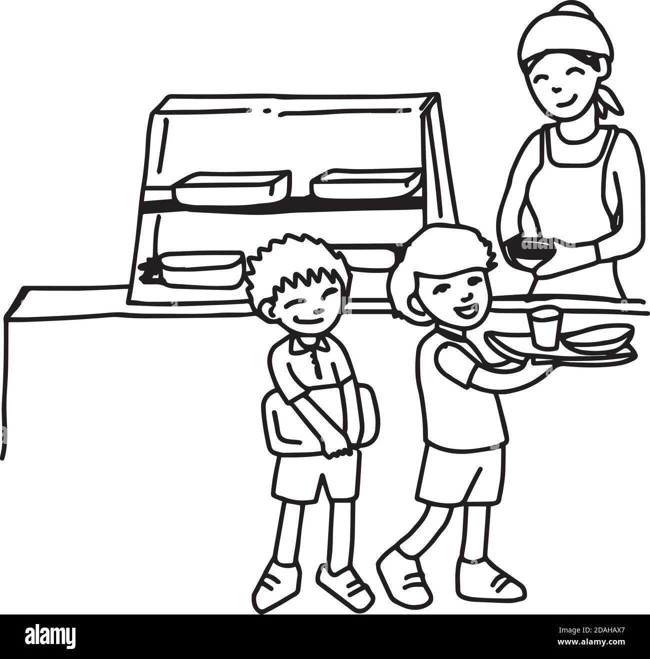 Illustrationsvektor handgezeichneter Doodle der Kantine mit zwei Jungen Halteschale auf weißem Hintergrund isoliert Stock Vektor