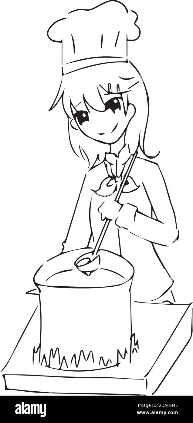 Illustration Vektor Hand gezeichnete Doodle von Koch Frau in Uniform Kochen auf dem Topf Stock Vektor