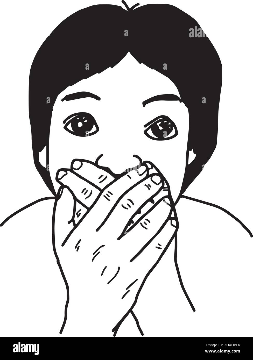 Illustration Vektor Hand Zeichnen Kritzeleien Des Menschen Halt Seine Hand Nahe Am Mund Stock Vektorgrafik Alamy