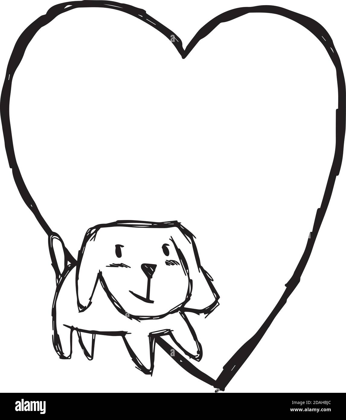 Illustration Vektor Hand zeichnen Kritzeleien von niedlichen Hund lächelnd mit Leere Herzform isoliert auf weißem Hintergrund Stock Vektor