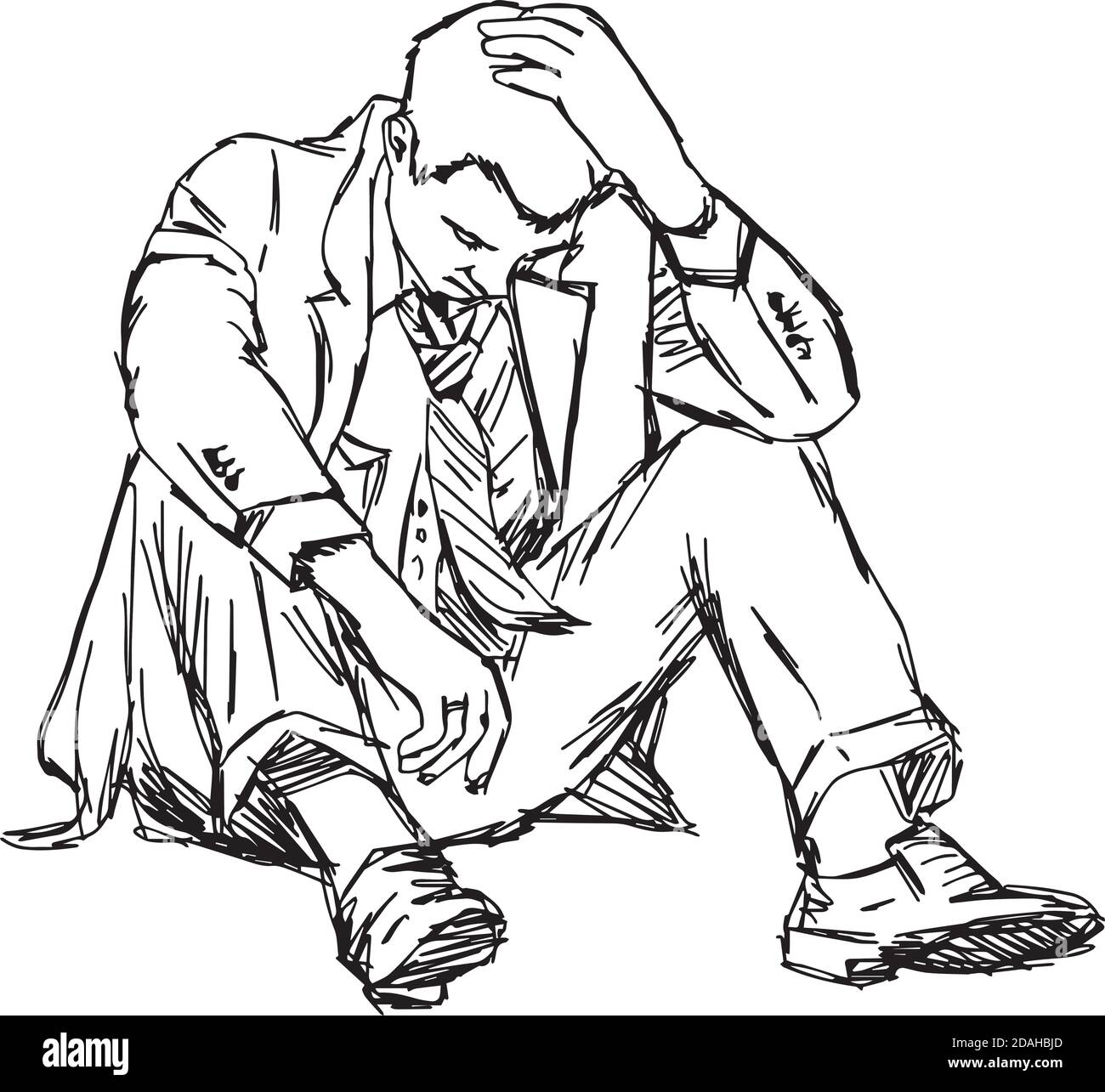 Illustration Vektor Doodle Hand gezeichnet von Skizze frustriert Geschäftsmann sitzen Auf Masse isoliert Stock Vektor