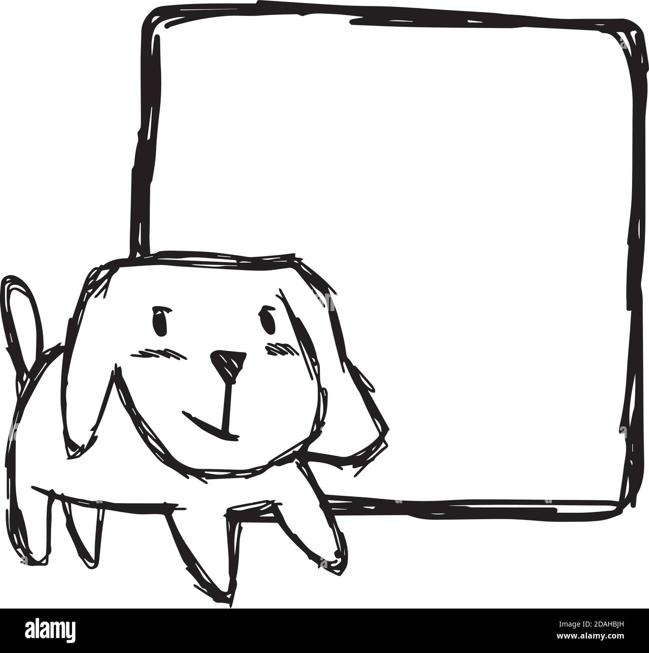 Illustration Vektor Hand zeichnen Kritzeleien von niedlichen Hund lächelnd mit Leerer quadratischer Raum isoliert auf weißem Hintergrund Stock Vektor