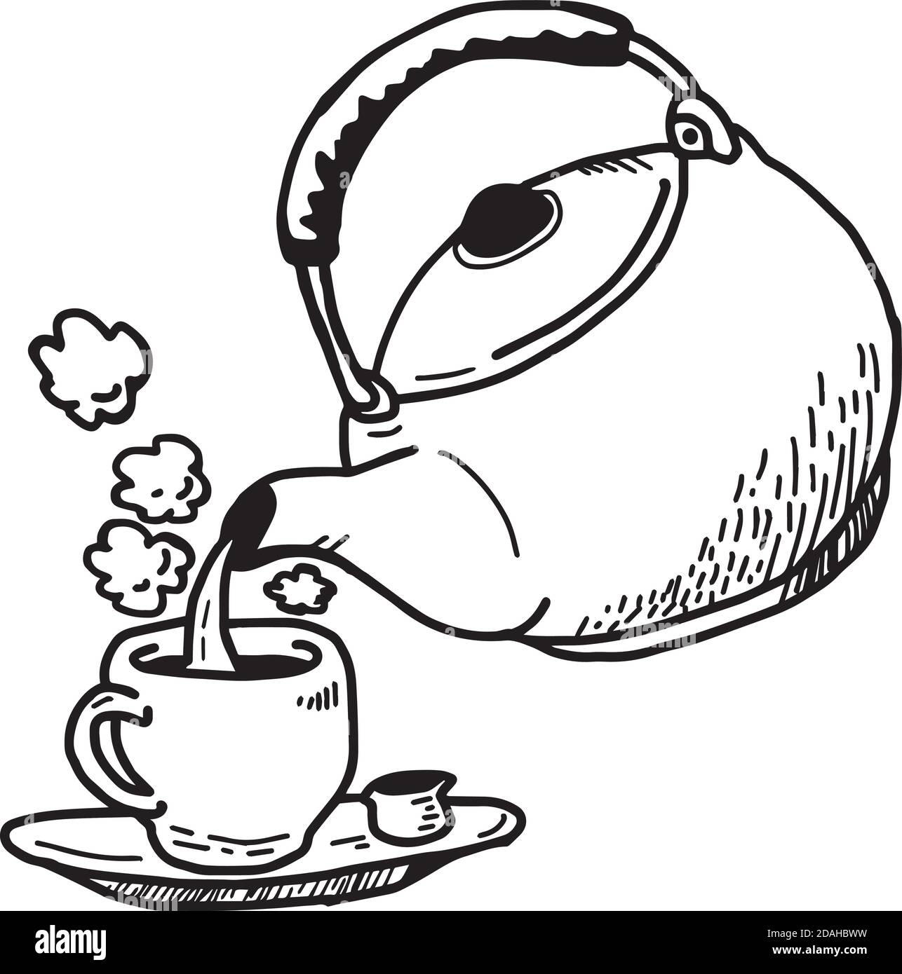 Illustration Vektor Hand gezeichnete Doodle Akt des Gießen ein Heißer Tee in eine Tasse Stock Vektor