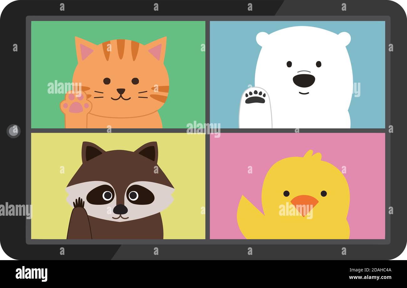 Online-Treffen von Tieren auf Tablet oder Smartphone. Sie winken ihre Hand. Vektorgrafik isoliert auf weißem Hintergrund. Stock Vektor