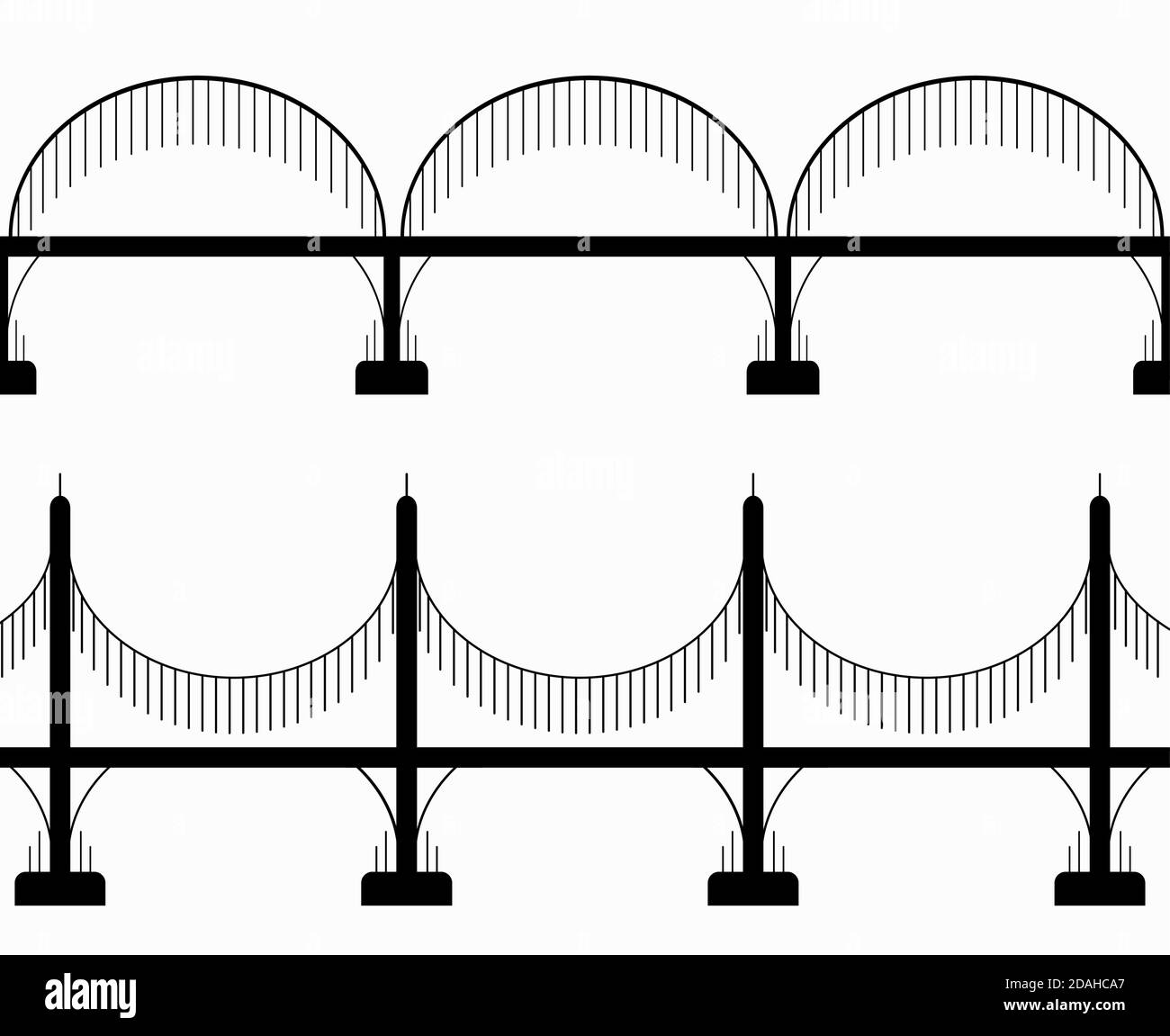Set von verschiedenen nahtlose schwarze Silhouette Brücken auf Säulen. Kommunikation in der Stadt. Die Kreuzung von Flüssen und Schluchten. Vektorobjekt für Symbole, Protokoll Stock Vektor
