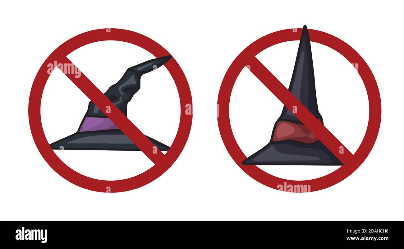 Satz Hexenhüte in Verbotszeichen. Verbot von Halloween. Verbot der Hexerei. Vector Feiertagsabzeichen für Etiketten, Logos, Banner und Ihre Designs Stock Vektor