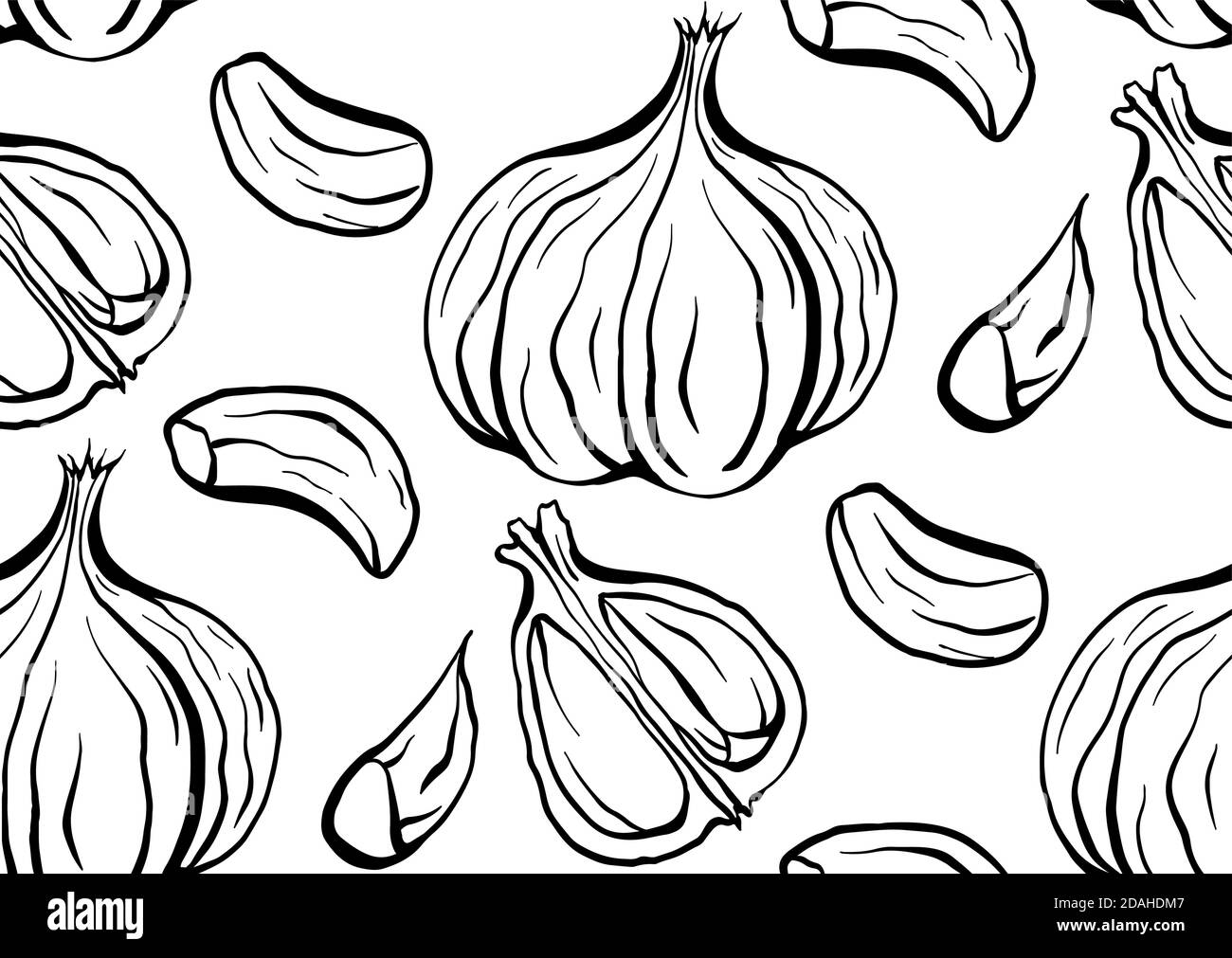 Nahtlose Muster Skizze skizzieren Knoblauch Illustration. Antibakterielles Produkt für die Gesundheit. Nützliche Gewürzmischung zum Kochen. Natürliche Würze. Vektorstruktur für Stock Vektor