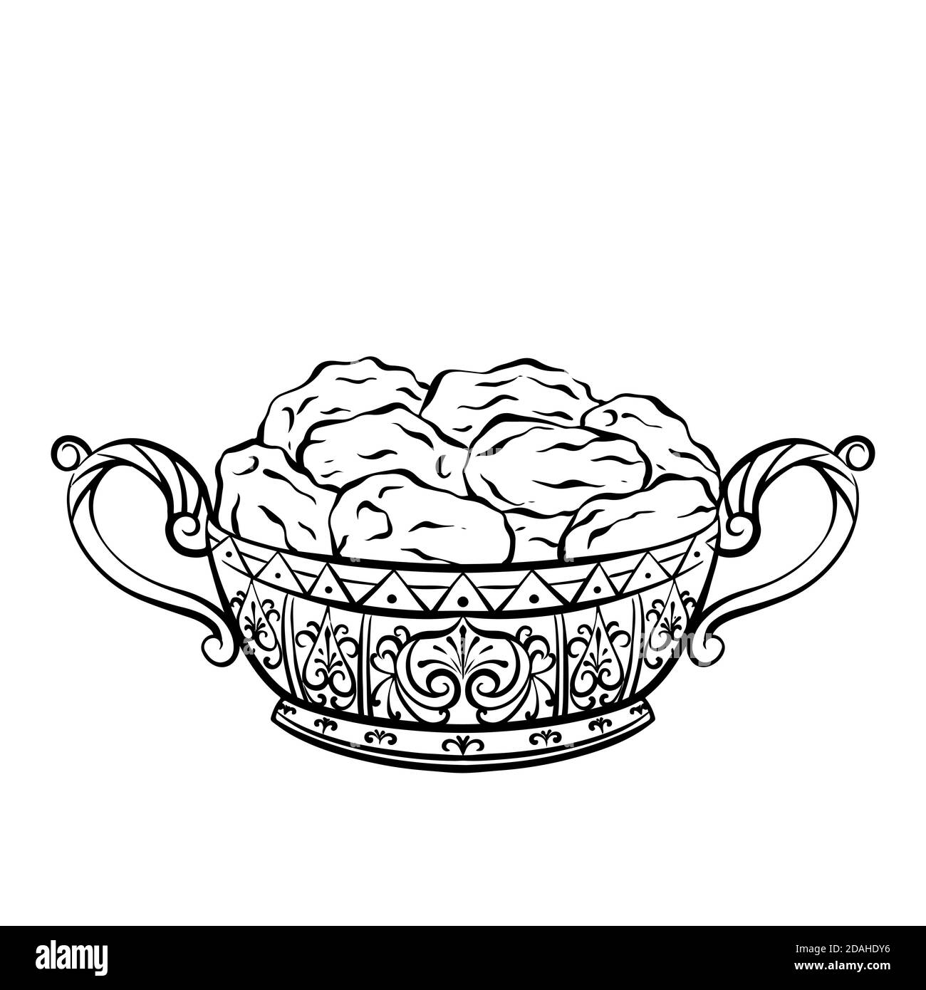 Schwarz-weiße Gravur von Datteln in einer luxuriösen Vase. Festliche Leckerbissen für Ramadan Kareem. Vektor-Schraffur-Element für Menü, Einladung und Ihre Kreati Stock Vektor