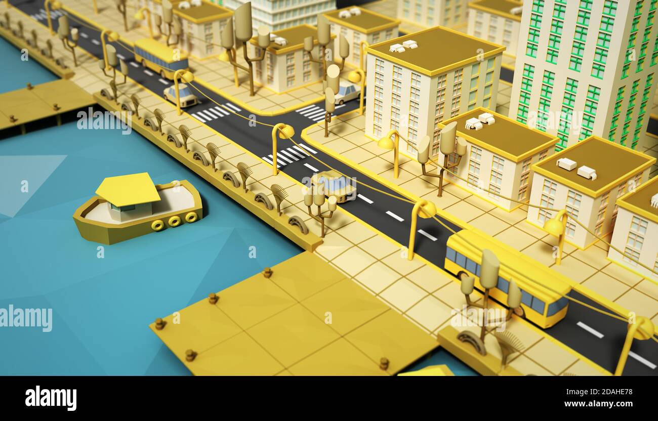 Färben Spielzeug low Poly Stadt 3d Rendering auf blau Stockfoto
