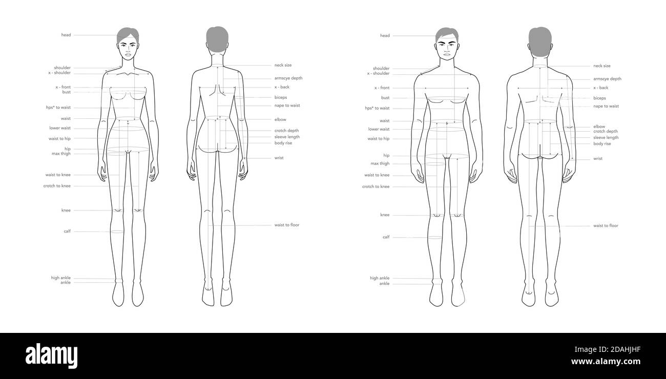 Männer und Frauen Körperteile Terminologie Messungen Illustration für Kleidung und Accessoires Produktion Mode 9 Kopf männlich und weiblich Größentabelle. Vorlage für Infografik zum menschlichen Körper Stock Vektor