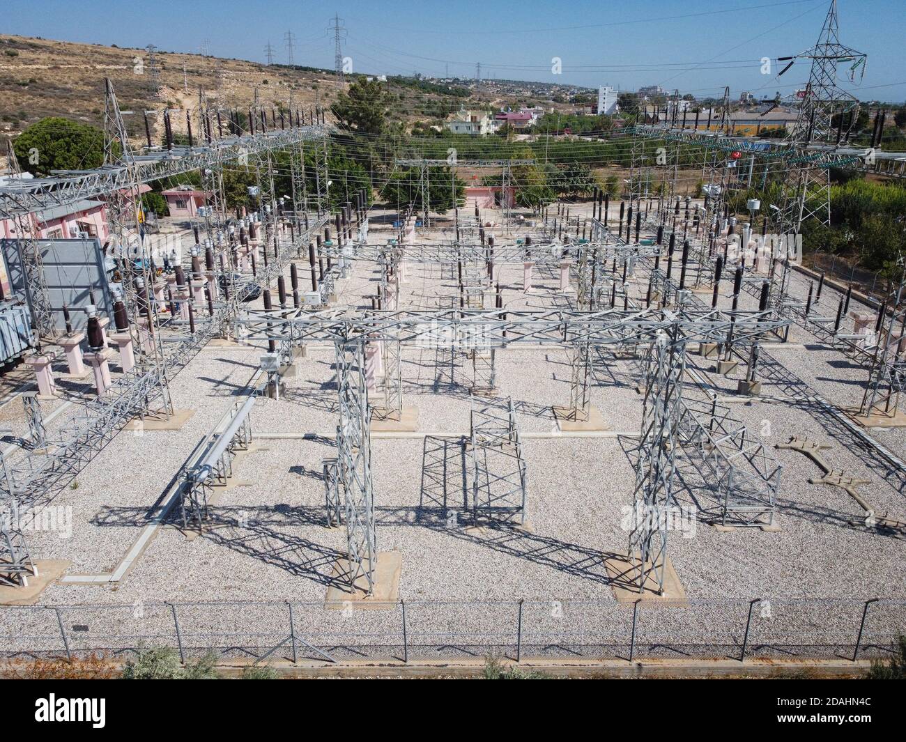 Luftaufnahme des elektrischen Transformatorkraftwerks Stockfoto