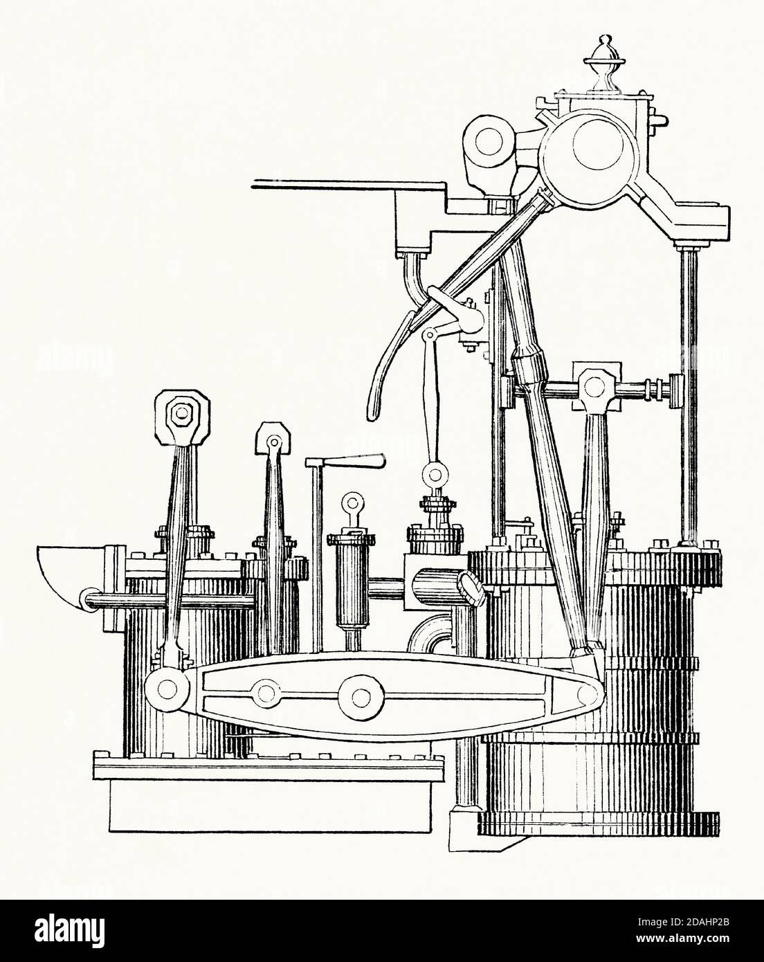 Eine alte Gravur von Napiers direkter Dampfmaschine. Es ist aus einem viktorianischen Maschinenbaubuch der 1880er Jahre. Direkte Aktion bedeutet, dass die Kraft über die Kolbenstange und/oder Pleuelstange auf die Kurbelwelle gelenkt wurde. Direkt wirkende Motoren hatten den Vorteil, dass sie kleiner und weniger schwer als Balken- oder Seitenhebelmotoren waren, aber sie waren anfälliger für Verschleiß und erforderten daher mehr Wartung. Robert Napier (1791–1876) war ein schottischer Marineingenieur. Aus seinen Arbeiten in Govan, Glasgow, Schottland, Großbritannien, baute Napier Schiffsmotoren. Stockfoto