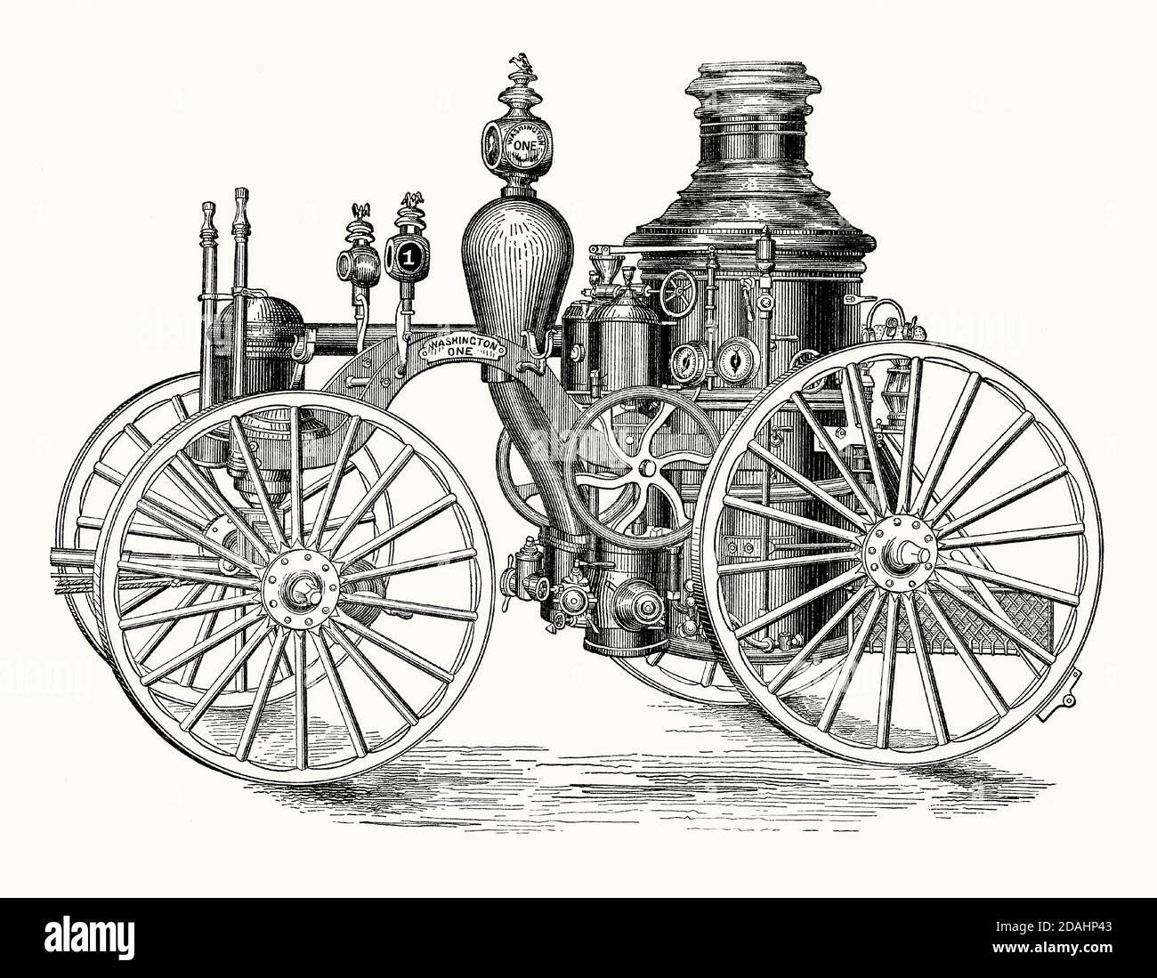 Eine alte Gravur einer dampfbetriebenen Feuerlöschmaschine. Es ist aus einem viktorianischen Maschinenbaubuch der 1880er Jahre. Diese Maschine, ‘Washington One’, wurde von der Feuerwehr in Brooklyn, New York, USA in der zweiten Hälfte des 19. Jahrhunderts verwendet. Dampfpumpen-Löschmaschinen wurden von den 1840er Jahren bis in die frühen Hälfte des 20. Jahrhunderts verwendet, um Wasser zu den Löschschläuchen zu Pumpen und Brände zu löschen. Große städtische Feuerwehren würden in Feuerwehren oder Motorenfirmen investieren, um Brände zu bekämpfen. Die Dampfmaschine wäre ein Pferd gefahren. Die vertikalen Schnellfeuerkessel waren zwar schwer, aber effektive Apparate. Stockfoto