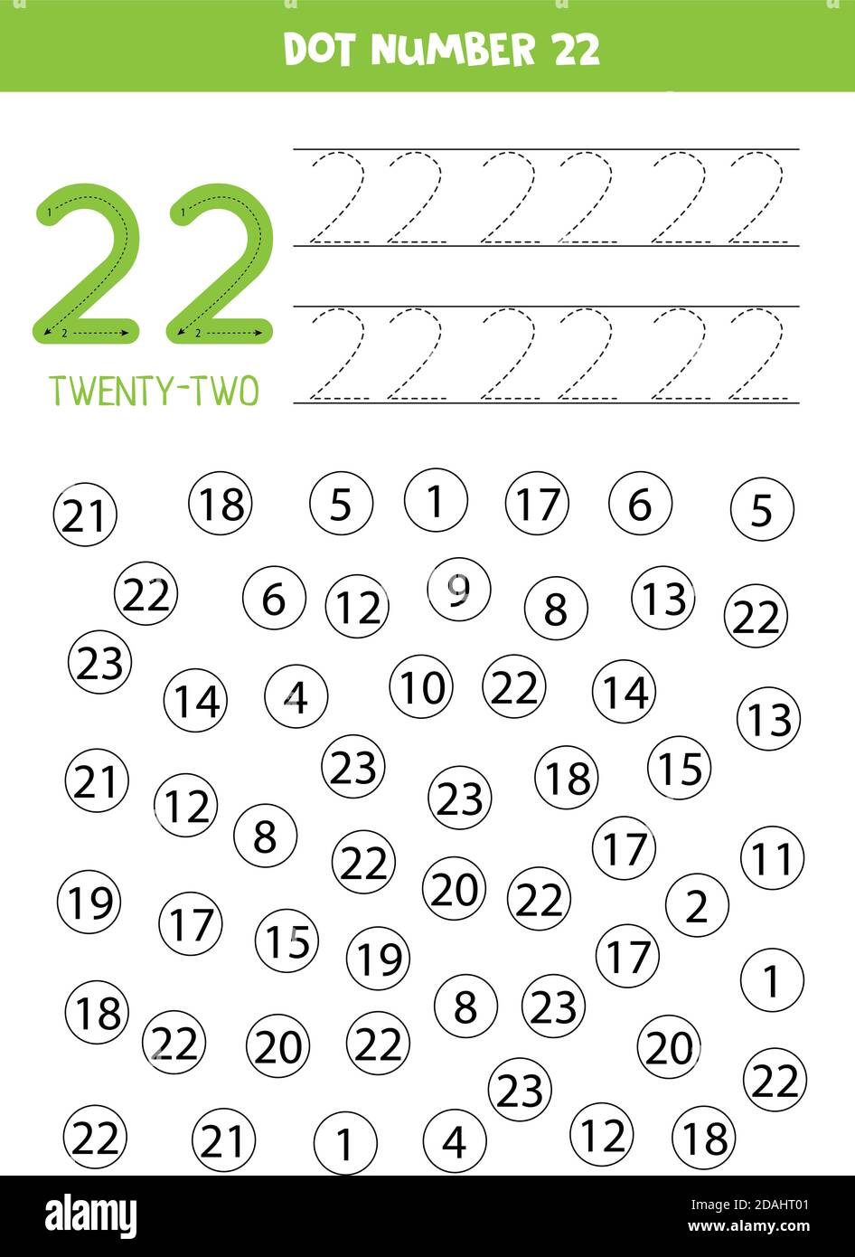 Suchen und Farbe Nummer 22. Mathe-Spiel für Kinder. Stock Vektor