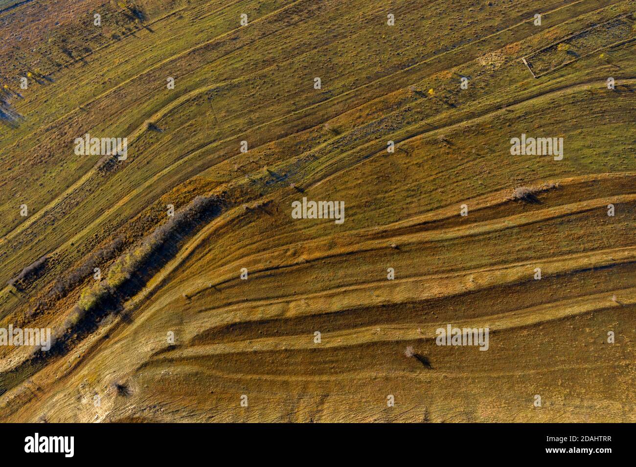 Luftaufnahme von terrassierten grünen Hügeln, Landschaft mit Drohne Stockfoto