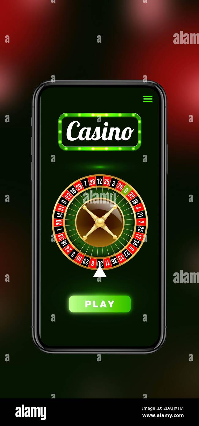 Online-Glücksspiel, Casino-Konzept. Handy, Gerät mit Lotterie, Casino Abdeckung. Unscharfer schwarz-roter Hintergrund. Vertikaler Flyer. Poker, Buchmacher, moderne Technologien, Wirtschaft und Finanzen. Stockfoto